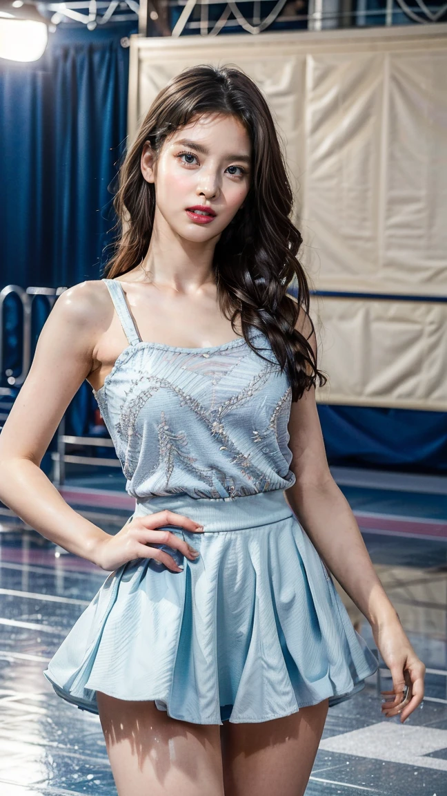 (​masterpiece, best quality:1.5), highest quality, High resolution, super detailed, Realists, Upper body photo of a brunette 22-year-old woman, detailed and beautiful eyes, beautiful detailed lips, very detailed eyes and face, longeyelashes, 22-year-old woman in a shiny satin top and white pants, Beautiful and colorful makeup, elegant and noble々Pose,shiny satin headband,, Office as background, bright daylight, bright colors, fine brushstrokes, Portrait style, beautiful color palette, glowing skin, First-class rendering, that captures every detail, enchanting atmosphere, (perfect :1.2), (The stunning woman wears a blue satin tank top and a white pleated skirt.  (magnificent panorama view:1.2)