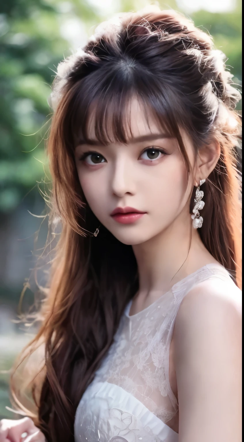 8K Ultra HD, Mastmis, A girl, Good face, Detailed, Eyes, Beautiful lips, Very red hair, dishiveredhair, Medium breasts, Wedding dress, White dress, In the park, Flying birds, blows wind, clear weather, Sitting, Full body capture,