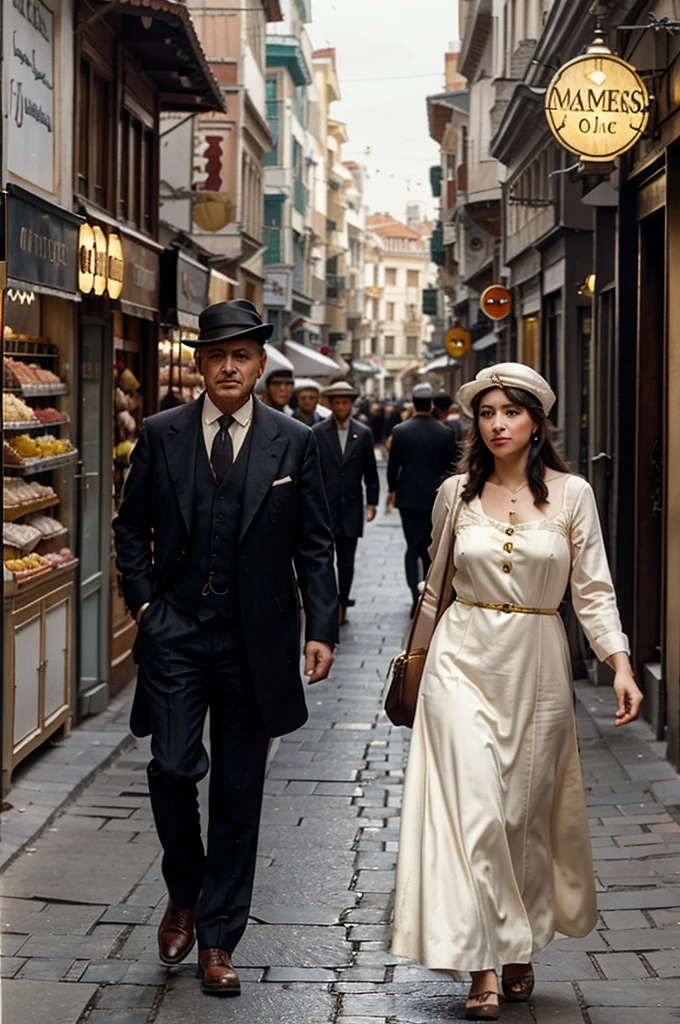 A lively street in Constantinople in the 1930s, with neoclassical and Byzantine buildings, electric trams and people in period clothing; men in elegant suits and hats, women in long dresses and decorated hats, merchants and street vendors lining the street.