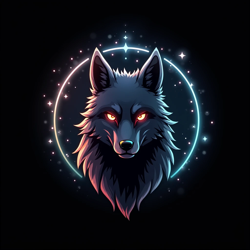 Create a logo, black background, use a cartoonized wolf , place a halo ...