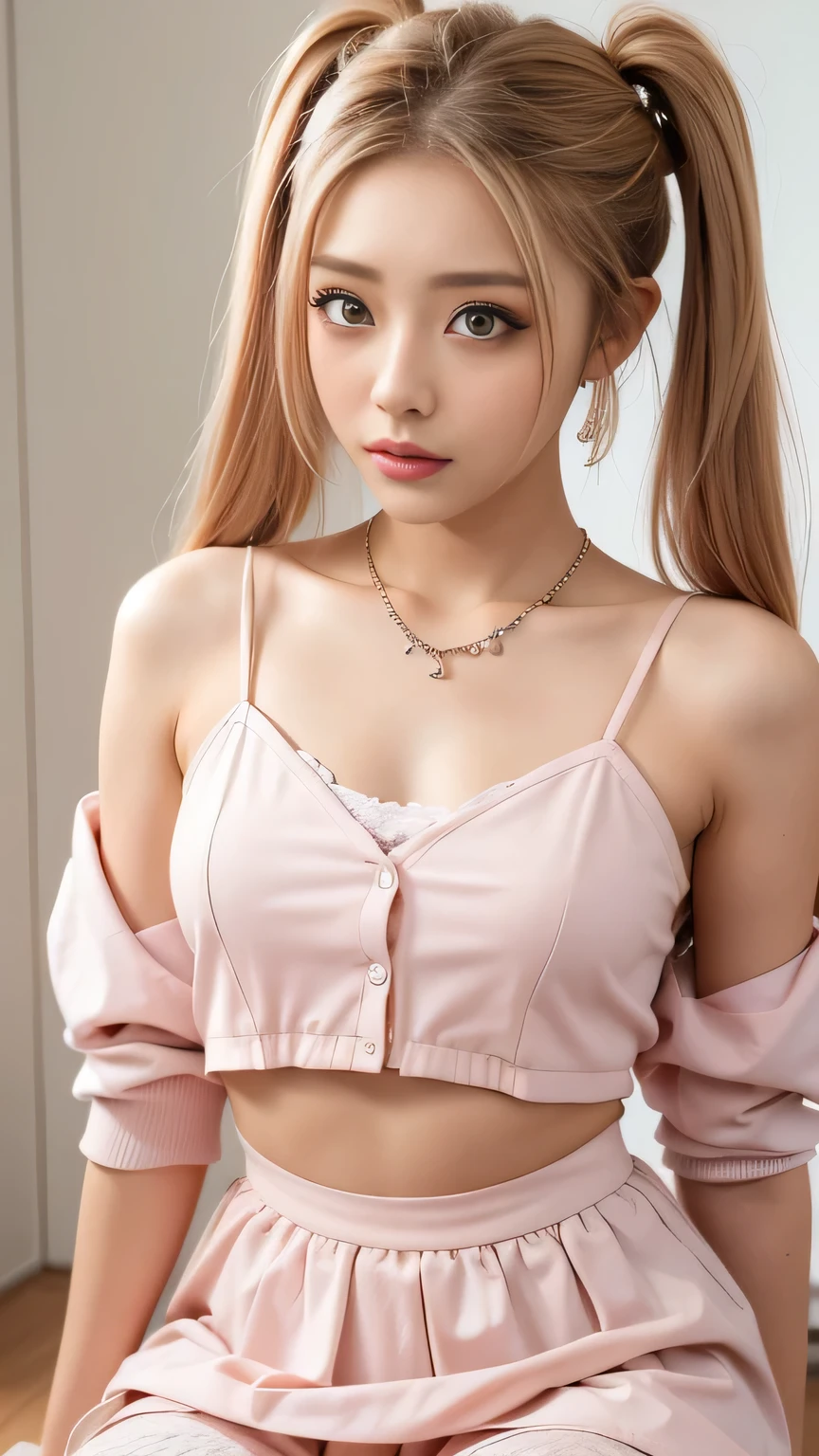 Shot with a top-of-the-line camera. highest quality, ultra-detailed, intricately detailed, high resolution, 8k, (very large breasts:1.3), (pink hair in twintails:1.3), Wearing very sexy pink lingerie, she is sitting on the sheets of her bed at home. A youthful look of about . Slim and well-proportioned, fair skin, her cleavage is visible, She is spreading her legs, showing her groin. cameltoe