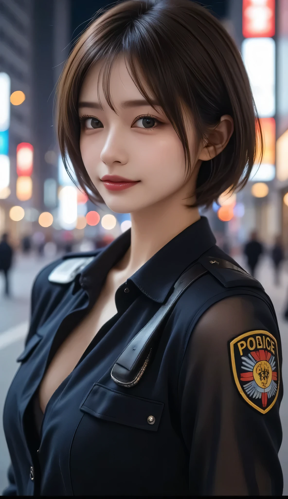 8k, Ultra-high resolution, Highest quality, masterpiece, 三分割法によるphotograph,Surreal, photograph, 1 , (:1.3), cute, cute顔, 細部までBeautiful Eyes, 細かくdetailedに,masterpiece,One Girl:1.2,Japanese women,Policewoman,upper body,glaring,Black short hair,Ponytail,ID photo,(Police officer of the future:1.3),cyber punk,Future City,white collar,((Fusion of humans and androids))(Beautiful attention to detail),Subtle details, detailedな顔,anger,Attractive eyes,(ポートレートphotograph:1.4),(Photorealistic images:1.4),Fantasy art,(Beautiful Face:1.4),美しくAttractive eyes、Beautiful Eyes,Silver residue,(Tight waist:1.4)、(Beautiful with perfect body proportions:1.4),Pink Lips,profile,(((Ideal body type))),A-cup small breasts :2,、Portraiture:2、Perfect Anatomy、鮮明なdetailed、detailed,Fashion magazine cover,Thin lips,完璧でBeautiful Face ,完璧でcute顔, Skin with attention to detail, Perfect limbs、Narrow waist,Surreal,Light and shadow,spotlight