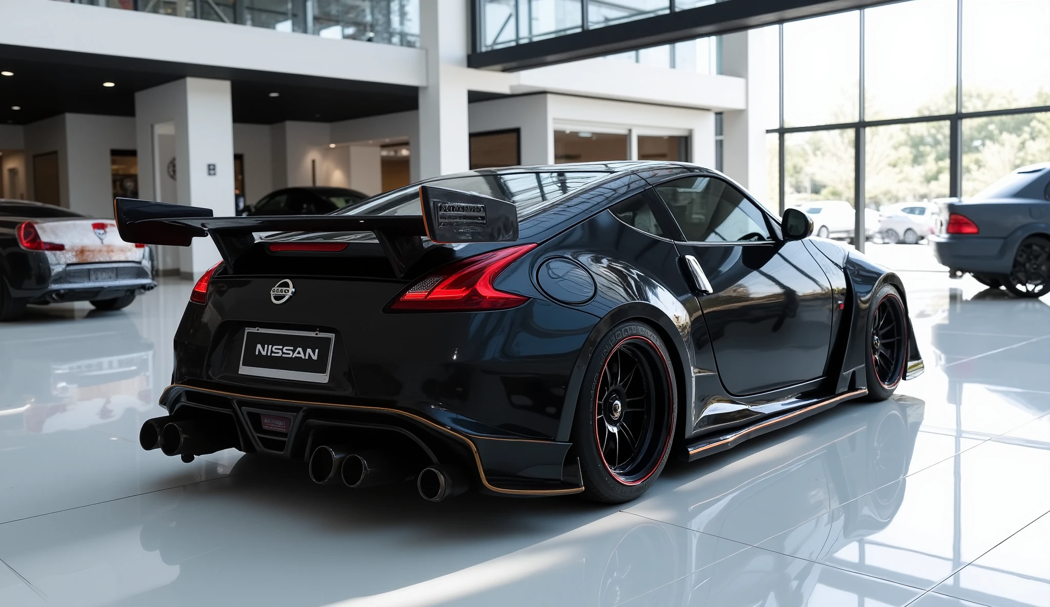 Back view of painted black with shiny clour 2025 Nissan 350z sleek in large shape sedan in large size with Nissan logo on its large detailed grille in shiny white clour with angular sporty design captured from close back view with modified sleek backlights & with a "Nissan" logo and with modified cutting edge tenology with a plate called "Nissan" with in a Luxury bright showroom with white gleamy floor Quality, with two rectumgular exahust" with very low suspension of car that touches showroom surface Super Detailed, and shining of showroom falling on car surface