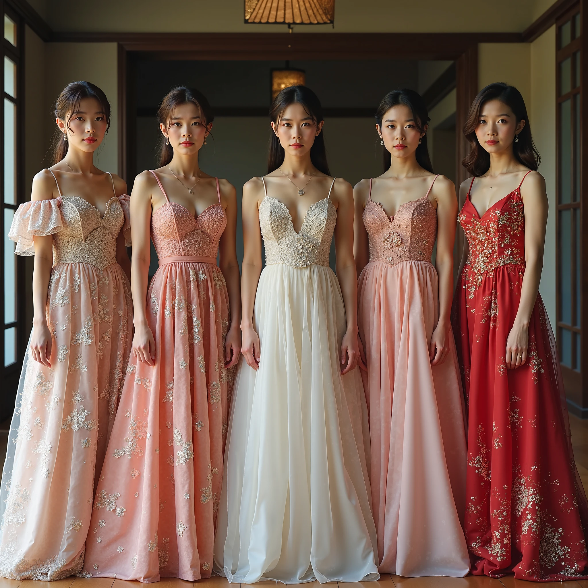 a kpop group with 5 girls in a secret rose garden, they are wearing beautiful clothes