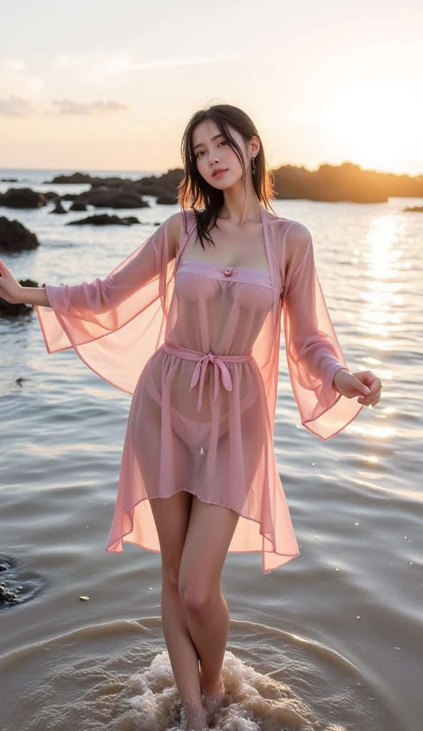 a Vietnamese girl dressed in extremely fragile transparent silk, piercing, walking on the sand at a beach, Vietnam, She looked extremely sexy, lustful, lewdness, erotic, ((nobra, nopanty)), 32k rest, nsfw:1.8