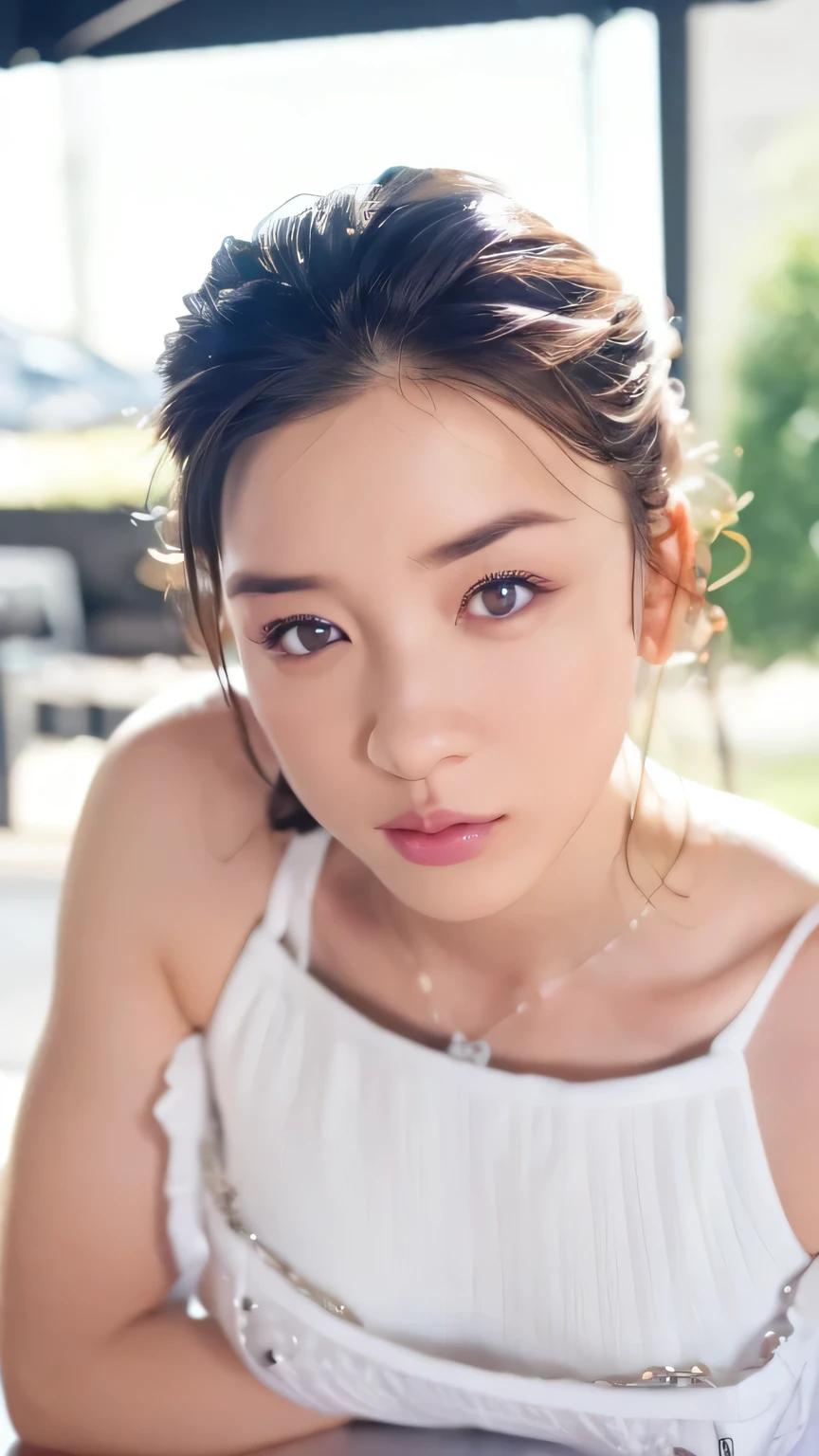 1 Girl, medium boobs, Starry Eyes, (8k, RAW Photos, High sensitivity, best quality, masterpiece, ultra high definition , Realism: 1.25), , ( Very detailed CG Unity 8K wallpaper , best quality, high definition : 1.2), (ultra_ Details, 超 high definition : 1.2), perfect lighting, personal , ( 1 Girl: 1.4), ( cute girl: 1.2), Unreal Engine , side lights, Gray Hair, purple eyes, perfect face, Detailed face, perfect body, beautiful eyes , Facial beauty, (Light Skin: 1.4), Idol, ( upper body shot;1.5), Woman in white lingerie ;1.5, transparent,