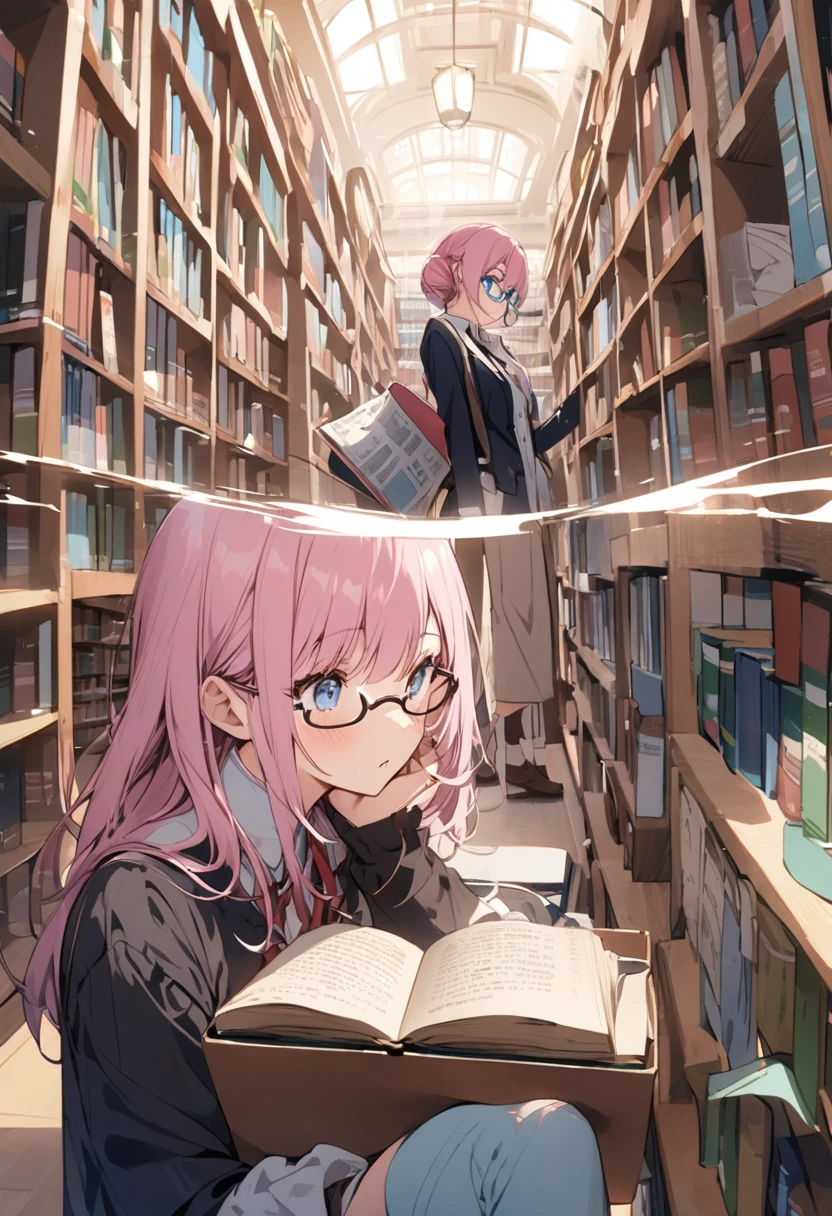 Flip the pages、girl with glasses、Girl with pink hair、blue eyes、student、library
