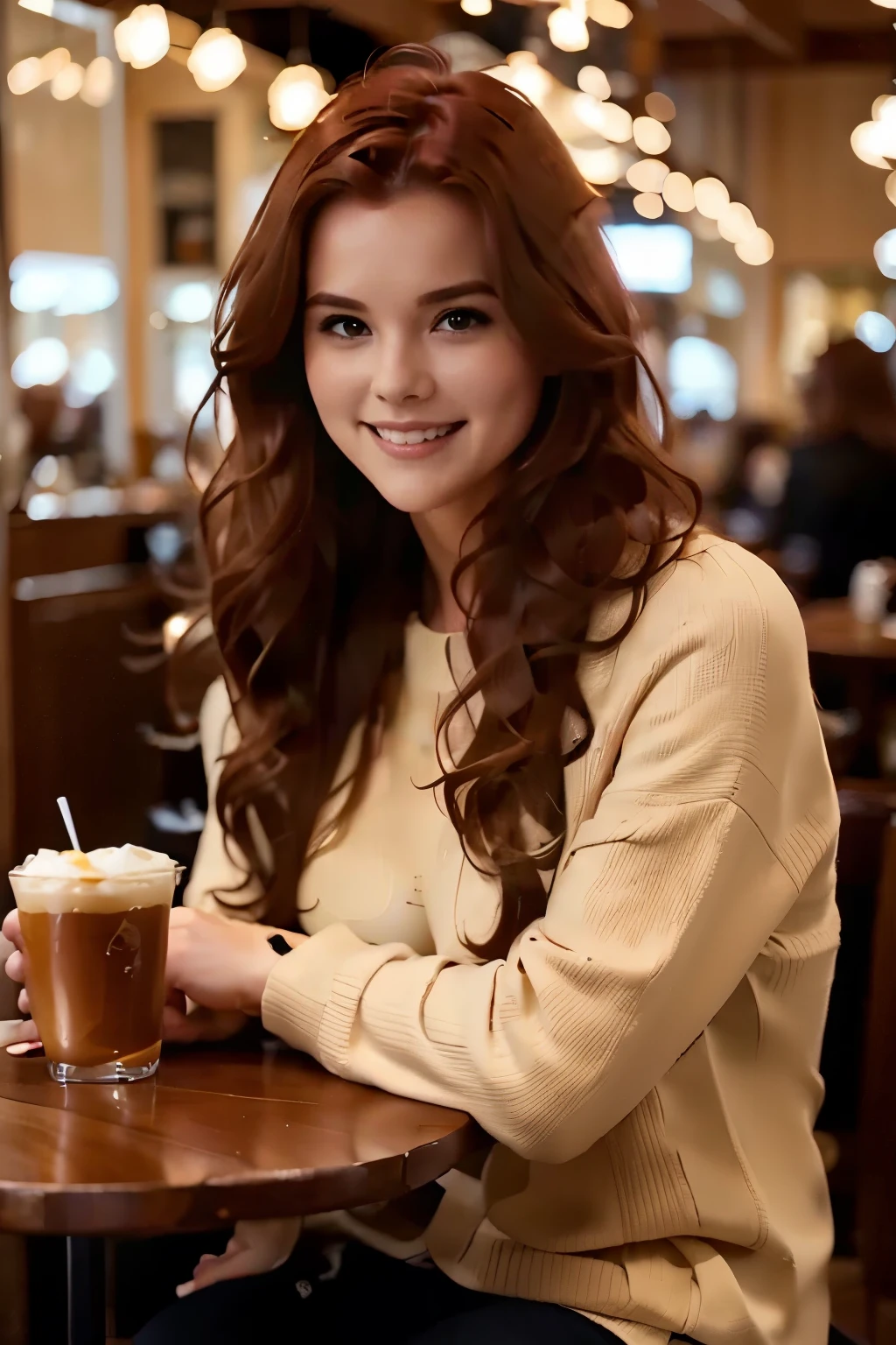 A very pretty brunette 22 years old, long hairstyle, freckles, beautiful eyes, great smile, white dress, sitting in street cafe, length of field, professional photography, hasselblad quailty
