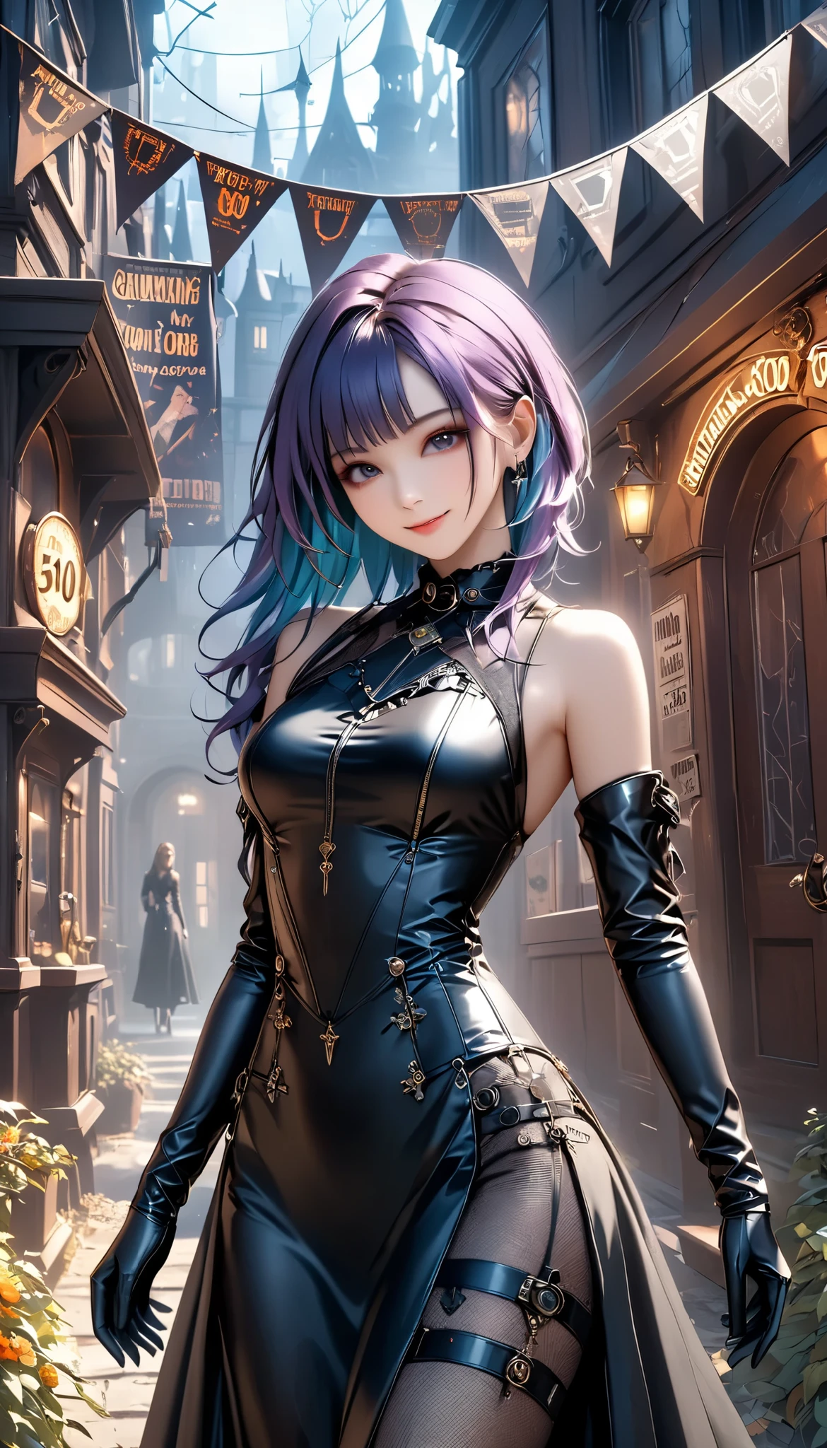 best quality , HD, 16k, unbelievably ridiculous , very detailed, 2.5D, delicate and dynamic , sexy girl, enchanting smile, , great style , Gothic Black Long Dress , English Style Steampunk,,, cyberpunk, Glitter Effect, A Day at a Haunted House with My Gothic Girlfriend , , (a banner sign which says "Thank you 500 followers"),