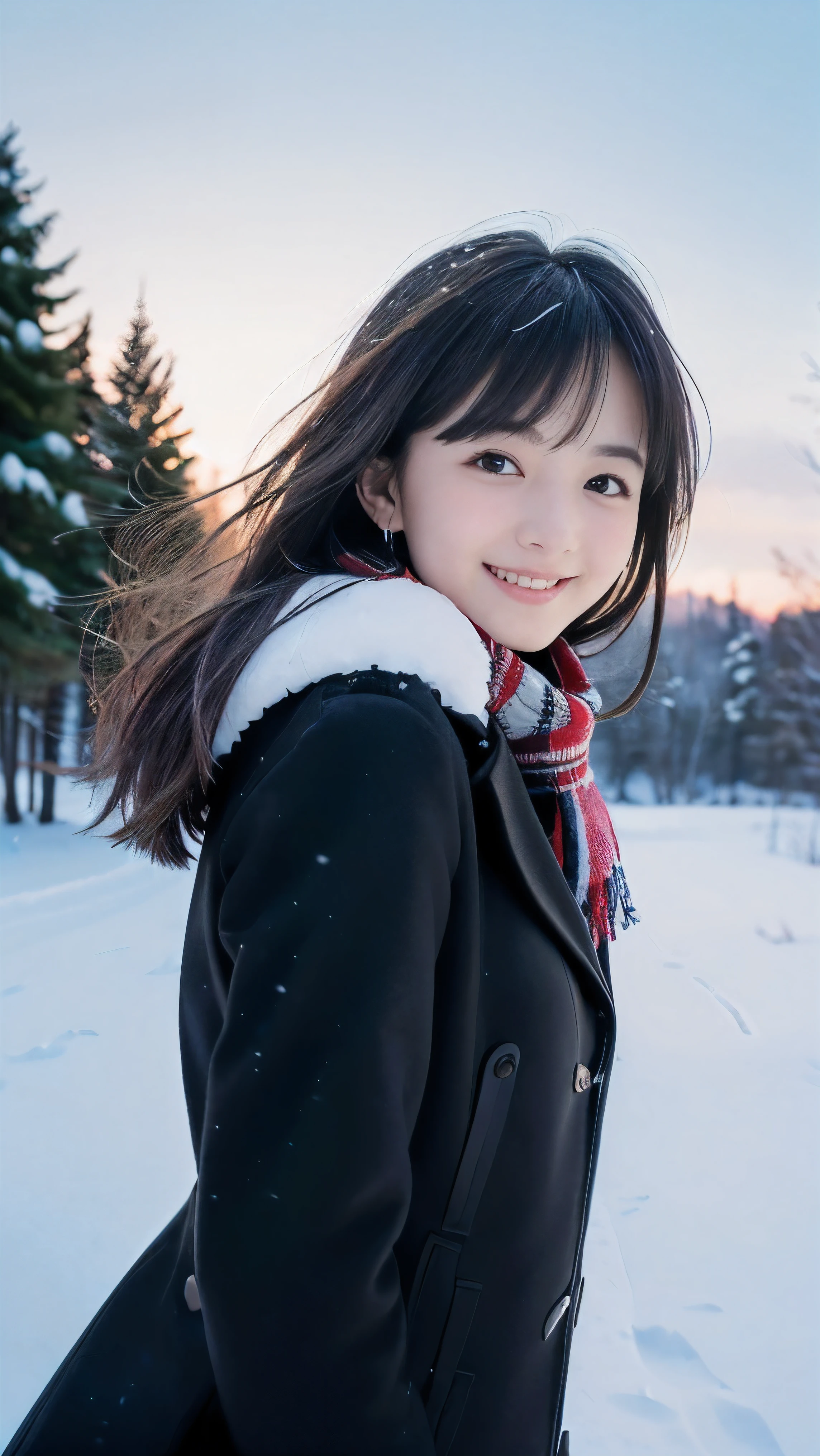 (Super close up face shot of a slender two side up black medium hair with bangs girl in a winter uniform with a winter coat and scarf :1.5)、(The girl leaning forward on the snow land with a small smile on her face.:1.5)、(Girl's hair fluttering in the wind:1.5)、(Beautiful snow and blue sky:1.5)、(Natural light:1.5)、(Perfect Anatomy:1.3)、(Photorealistic stick:1.5)、(Raw photo:1.3)、(highest quality:1.5)、(High resolution:1.3)、(Delicate and beautiful perfect face:1.3)、(Delicate and beautiful eye air skin:1.3)、(Real Human Skin:1.3)、((thin legs))
