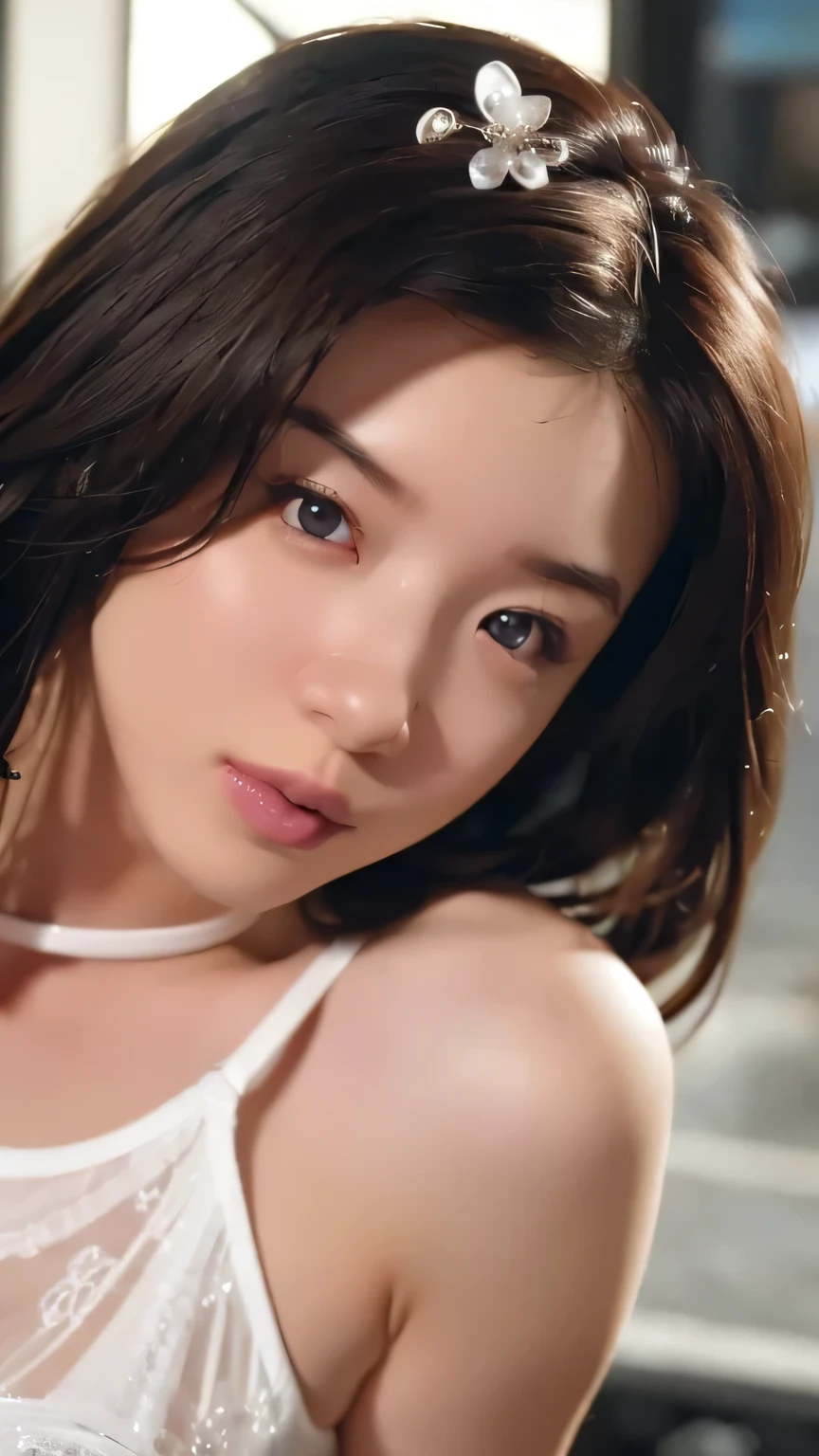  1 Girl,  medium boobs, Starry Eyes, (8k,  RAW Photos, High sensitivity,  best quality, masterpiece, ultra  high definition ,  Realism: 1.25), , ( Very detailed CG Unity 8K wallpaper ,  best quality,  high definition : 1.2), (ultra_  Details, 超 high definition : 1.2),  perfect lighting,   personal  , ( 1 Girl: 1.4), ( cute girl: 1.2),  Unreal Engine ,  side lights, Gray Hair,  purple eyes,  perfect face,  Detailed face,  perfect body,   beautiful eyes ,  Facial beauty, (Light Skin: 1.4), Idol, (whole body), Woman in white lingerie ;1.5, transparent,