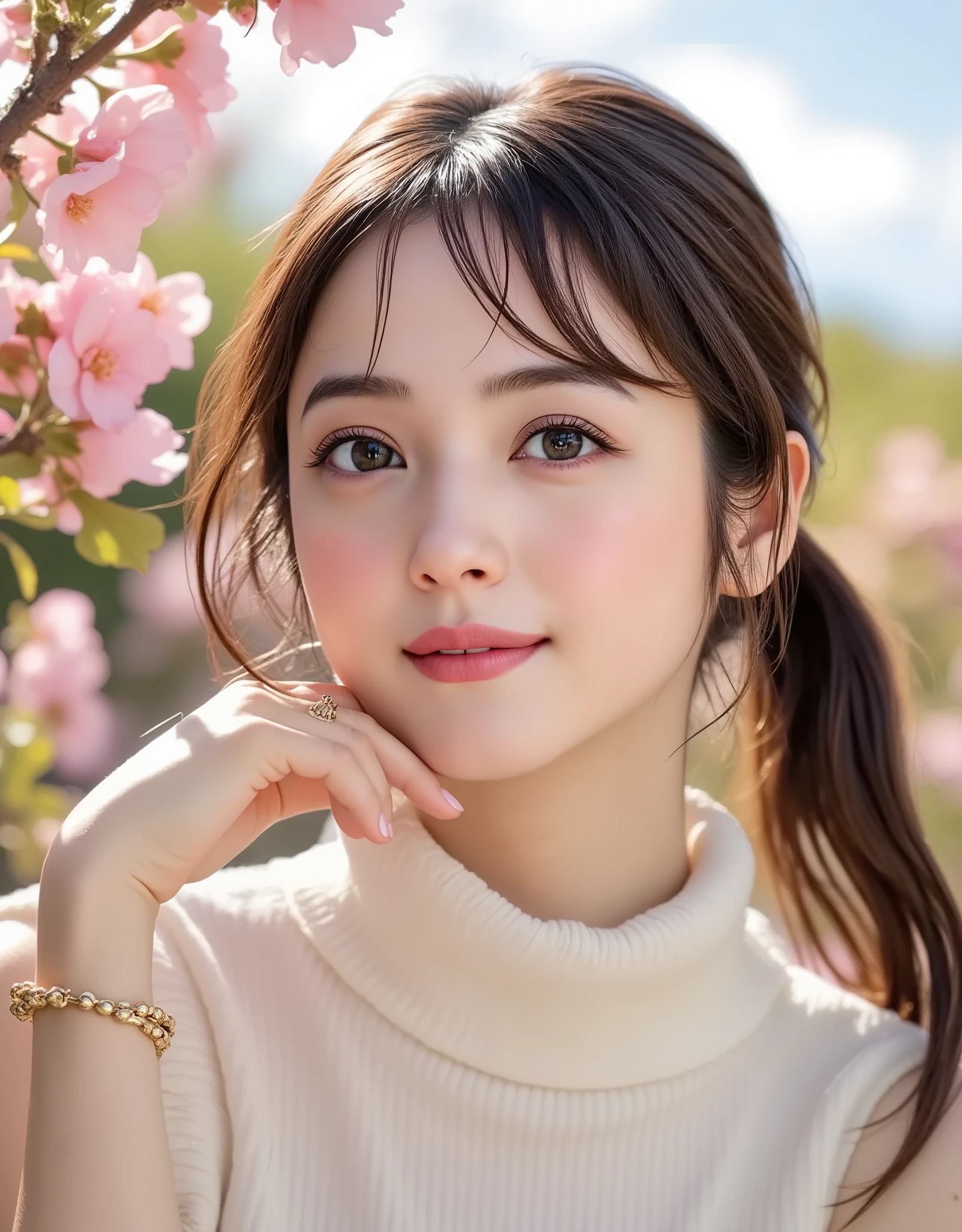 NSFW, (Highest quality), (Ultra-precise CG 16K wallpaper), (Realistic: 1.6), (High saturation), (Sharp), Beautiful detailed shading, Beautiful natural lighting, Beautiful detailed glow, Bright sunlight in the daytime, Natural light, Depth of field, (Mature 24 year old woman, One person: 1.6), (Very beautiful Japanese face), (Sasaki Nozomi), (Smooth soft wave ponytail hair, bangs: 1.6), (Shiny black hair), (Sparkling eyes), (C cup size breasts, cleavage: 1.6), (Beautiful breasts), (Beautiful legs), (Beautiful skin), (Not a belly button: 1.6), Beautiful proportions, (Smile: 1.0), (Woman looking at flowers: 1.6), (Cream ivory colored turtleneck sleeveless ribbed knit mini dress: 1.6), (Wearing a bracelet), (Leaning forward pose: 1.6), (Park square, sky and clouds), (Full screen image:1.6), (shot from head to thigh:1.6), (image of a woman seen from the side:1.8), (woman leaning her face against flowers blooming in the park:1.6),