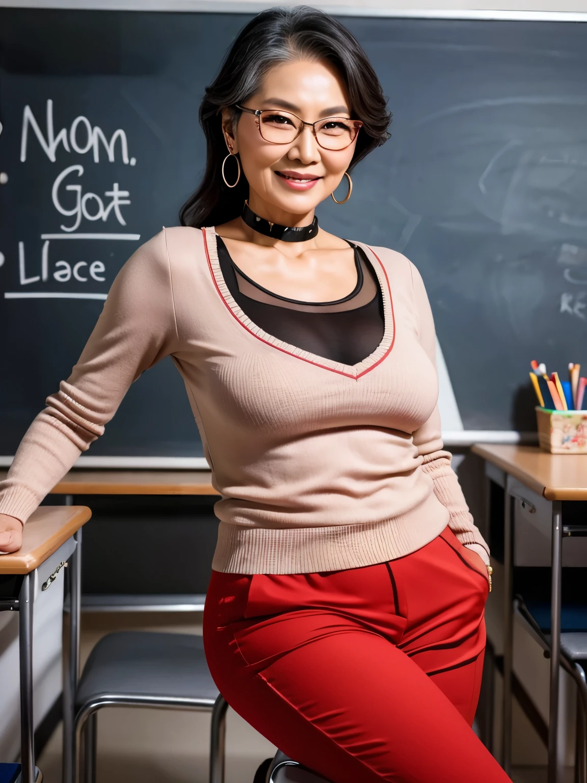The best picture,The most realistic,4K clarity,Older Asian women,head to knees,sexy, eyes looking at camera,teacher,wearing glasses,red lips, 