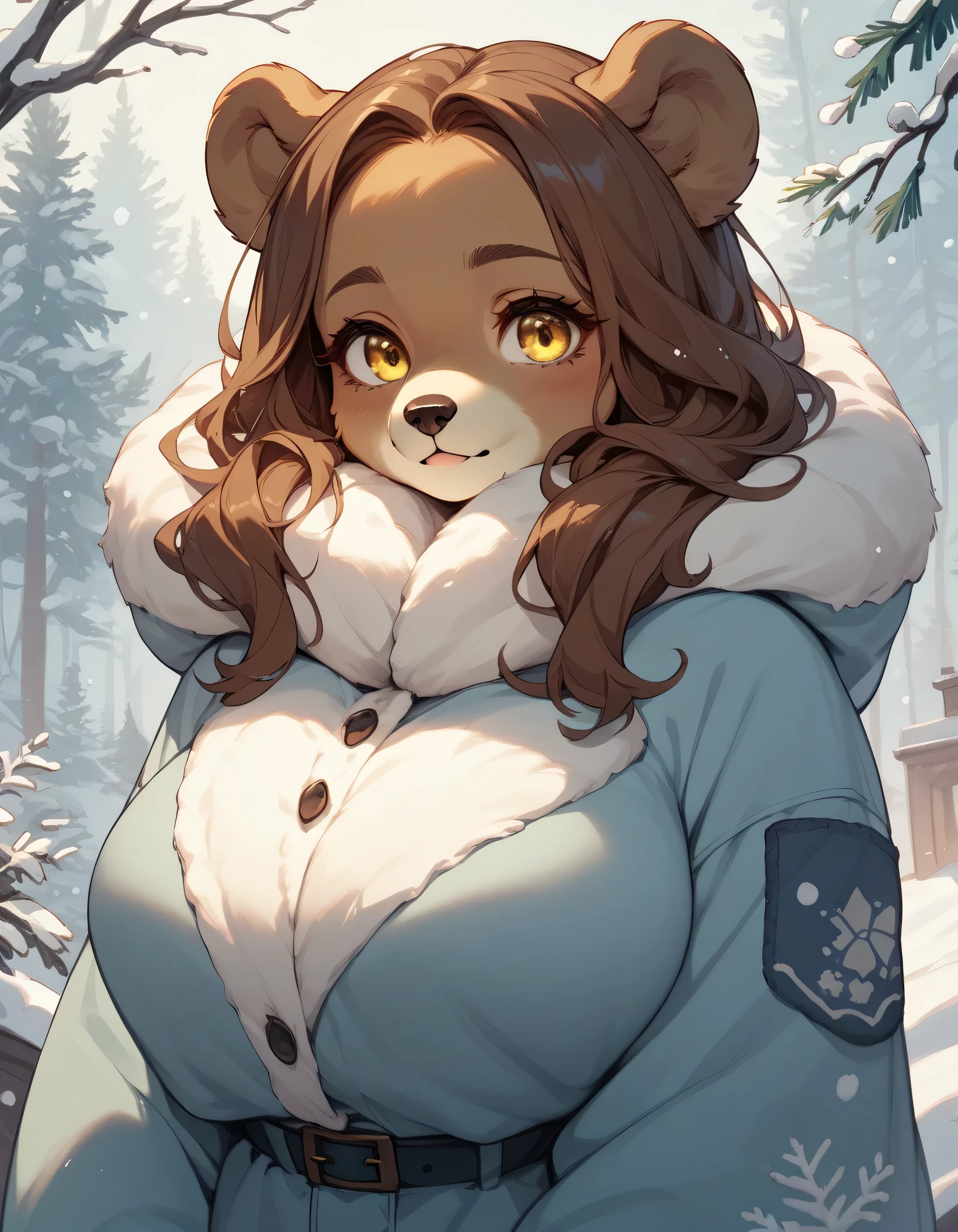 Furry bear girl long brown hair yellow eyes big breasts cute in winter clothes