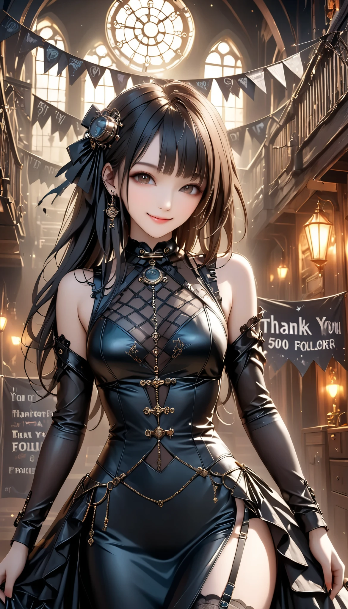 best quality , HD, 16k, Incredibly Dumb , very detailed, 2.5D, delicate and dynamic , sexy girl, enchanting smile, , great style , Gothic Black Long Dress , English Style Steampunk,,, cyberpunk, Glitter Effect, A Day at a Haunted House with My Gothic Girlfriend , , (a banner which says "Thank you 500 followers"),