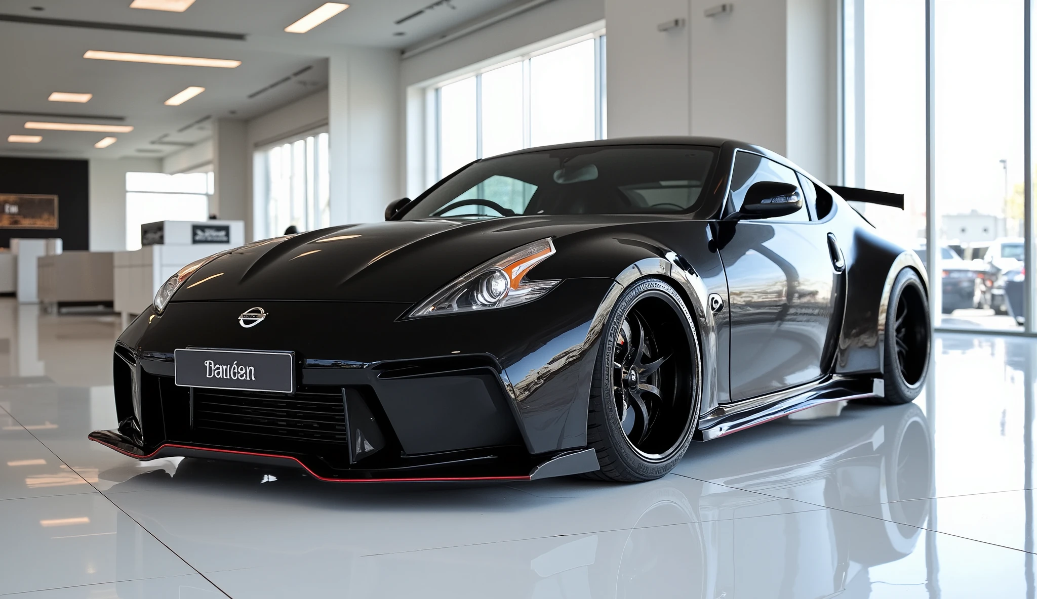 Front side view of painted black with shiny clour 2025 Nissan 350z sleek in large shape sedan in large size with Nissan logo on its large detailed grille in shiny white clour with angular sporty design captured from close front side view with modified sleek backlights & with a "Nissan" logo and with modified cutting edge tenology with a plate called "Nissan" with in a Luxury bright showroom with white gleamy floor Quality, with two rectumgular exahust" with very low suspension of car that touches showroom surface Super Detailed, and shining of showroom falling on car surface