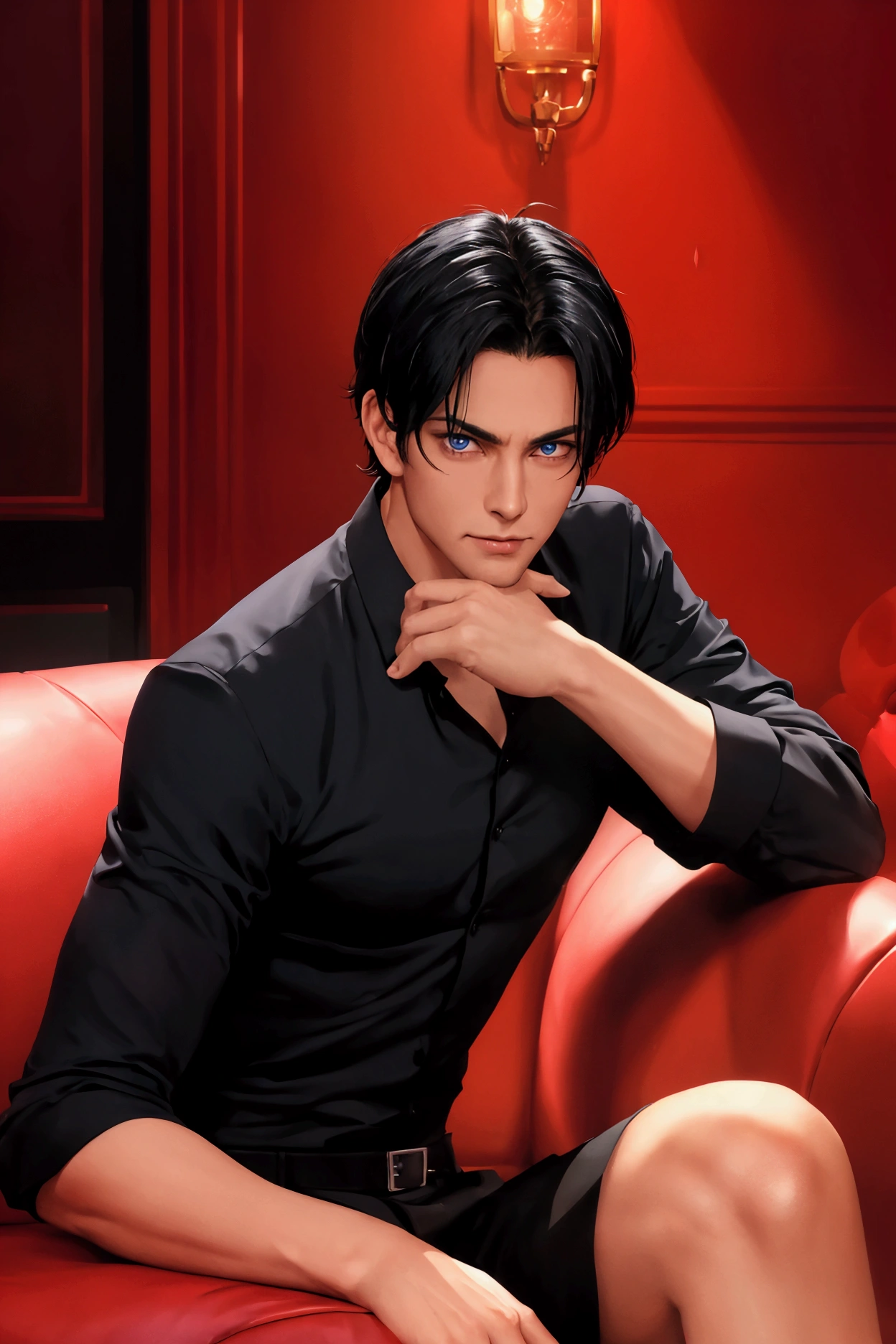 Character: Male, short black hair, tanned skin, blue eyes, handsome, without beard or mustache, a sly face. Attire: A black shirt with the top two buttons unbuttoned, black slacks. Pose: Sitting leaning back on a bright red sofa, looking straight at the center of the image, smiling slightly. Background: A luxurious living room bathed in red light bulbs. Overall image: Gives a sense of danger with the character's sly appearance, looking dark and with red light shining everywhere