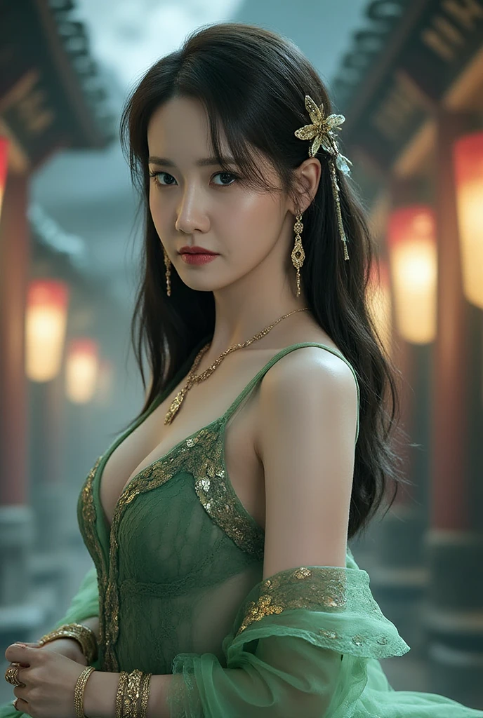 show us the magnificence of Yifei Liu in ultra-detailed Chinese environment at night, detailed face with fierce and glowy emerald eyes, colossal breasts, bright colors making the scene pop, fierce, glowy opalescent scales, powerful image, colorful masterpiece, fantasy art, ultra sharp focus, best quality, centered, light particles, bioluminescence, Mschiffer, wallpaper art, UHD wallpaper