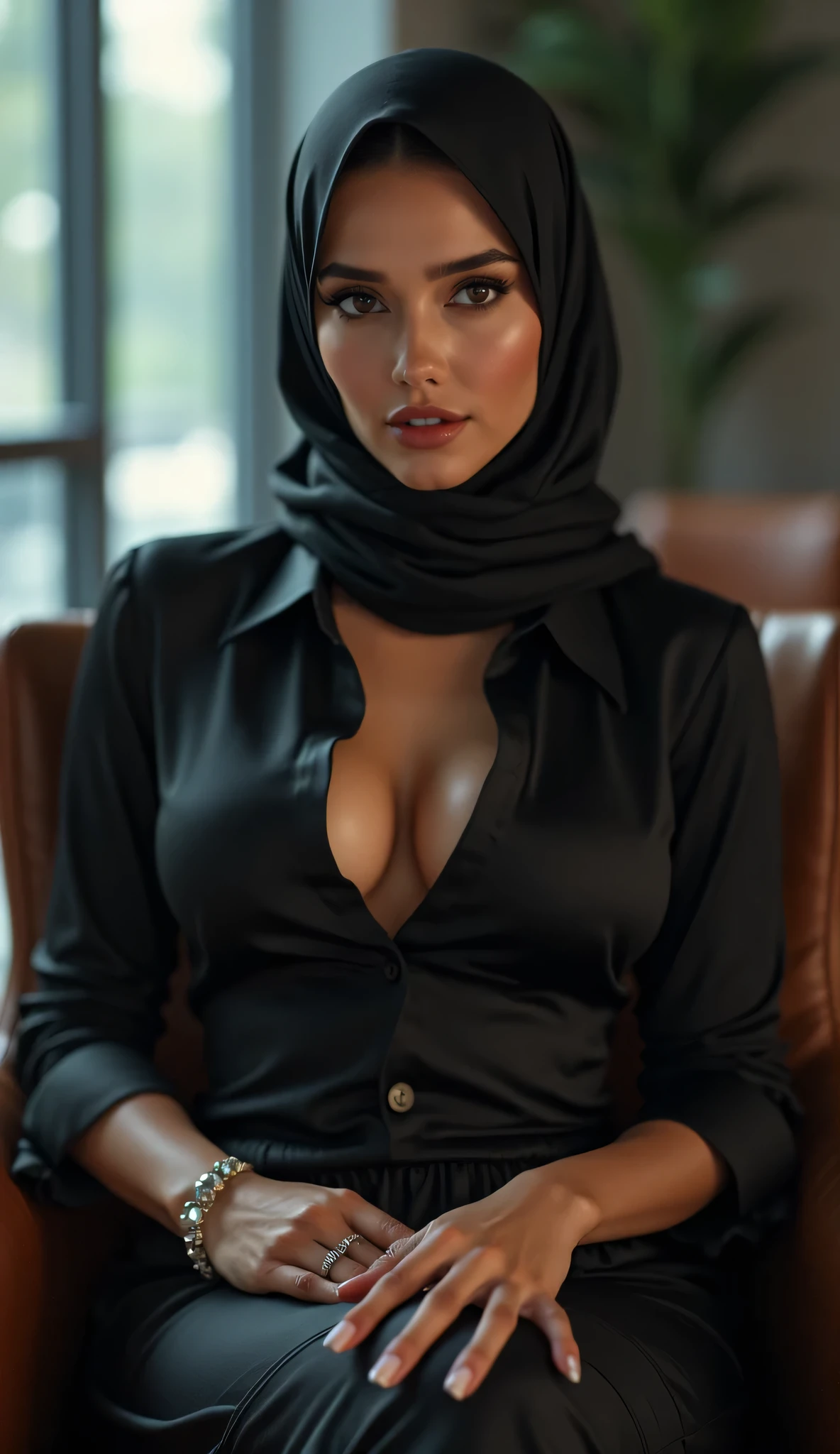 128K HDR, hight resolution, (masterpiece, Best Quality, hyper realistic photography), ((1girl in)), (Super sexy MILF:1.2, realistic Mature face:1.2, Age 53-Years-Old), Woman with mix American-Indonesian Descent, ((Hijab)), slim body, Cool Beauty Face, (Detailed Mature Face, Detailed Five Fingers), (ultra gigantic cleavages:1.35 breast Out Of Clothes :1.5 , realistic police officer uniform:1.5, Unbuttoned:1.15, gun belt), hyper detailed mature face, ultra detailed mature skin texture, (In a realistic abandoned buildings:1.3, Dark atmosphere:1.25), ((being tied up at Table)), after Being Rape Scene.