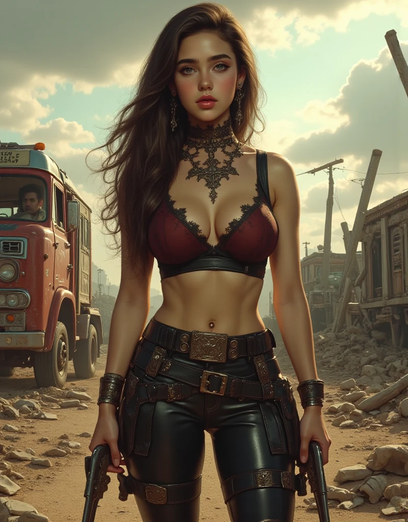 A dwarf woman, brunette with green eyes, in sexy outfit, filled an ELENGY tanker truck