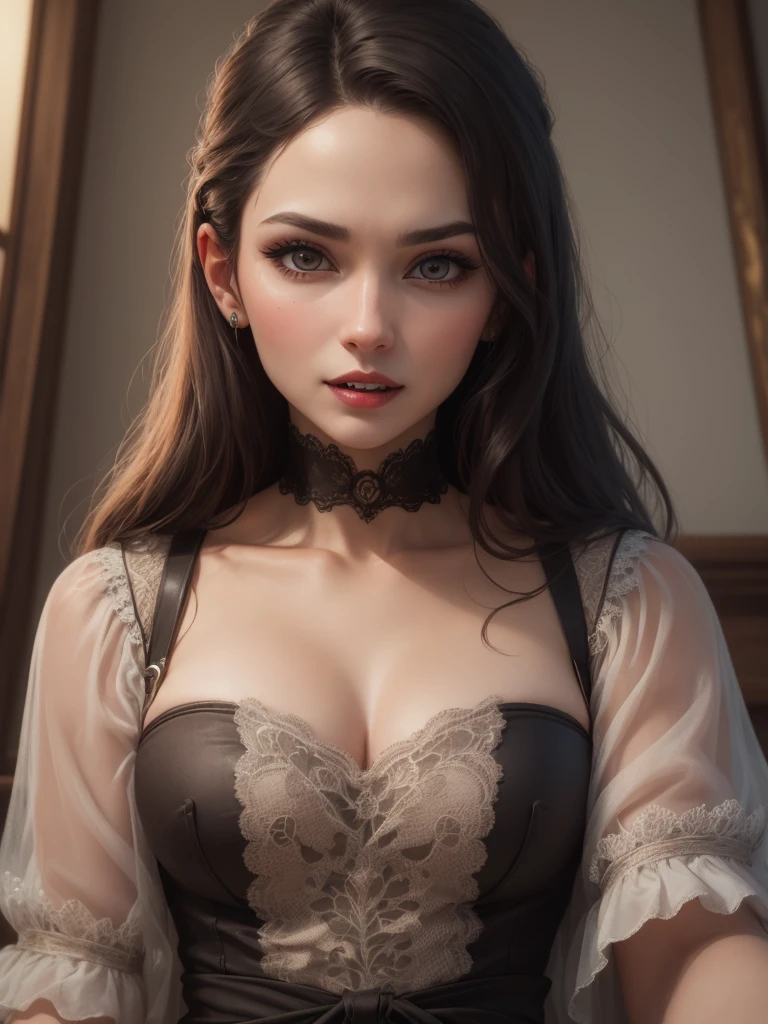 a woman in her late 30s, chubby physique, long straight dark brown hair, tousled hair draped over shoulders, tied up in ribbon, freckles, flushed cheeks, wearing a choker, large breasts, curvy figure, bustier, long flowing white sheer dress, (best quality,4k,8k,highres,masterpiece:1.2),ultra-detailed,(realistic,photorealistic,photo-realistic:1.37),detailed portrait, cinematic lighting, natural skin texture, intricate details, dramatic colors, moody atmosphere, seductive pose