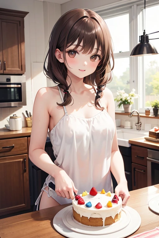 (Dynamic Angle:1.3, Front view:1.1, breast focus:1.3, From above:1.1), (Dynamic pose:1.2, Sexy pose:1.2, Leaning forward), (Captivating smile:1.3), ((Look at the cake, Have a cake,Remove the cake from the oven, Worrying about the outcome:1.2)),highest quality、(Genuine、photoGenuineistic:1.4),(Ultra-high resolution, 8K Raw Photos, Clear focus), highest quality, Natural light, Depth of written boundary, (Bright Eyes, Beautiful eyes in every detail, A face with attention to detail), Red lips, (Tight Focus:1.2), 22-year-old girl, Wearing a pastry chef's uniform , thick, Thin chest, long hair, blue eyes,off-shoulder dress, sweater dress, Off-the-shoulder sweater dress, Red sweater,Garter Stockings, Cleavage:1.2, abdomen, black shorts, black thighhighs, Thigh straps, cute girl, (Very exquisite beautiful face and eyes,Firm breasts),Genuine skin,((black,hair,long pony tail hair)),thin pubic hair,cute,Lovely, Fine grain,(Double-breasted:1.0,Underbust:1.0),(With sparkling eyes and a contagious smile),Open your mouth, View Viewer,Cooking scene in the kitchen