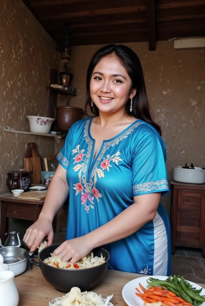 photo of an Indonesian widow woman with a curvy body, 2, her hair is straight and tied at the top, her skin is brown, her breasts are large and her body is thick, wearing an army colored collared t-shirt, a small, worn towel wrapped around her neck, serving grilled satay foodsatay