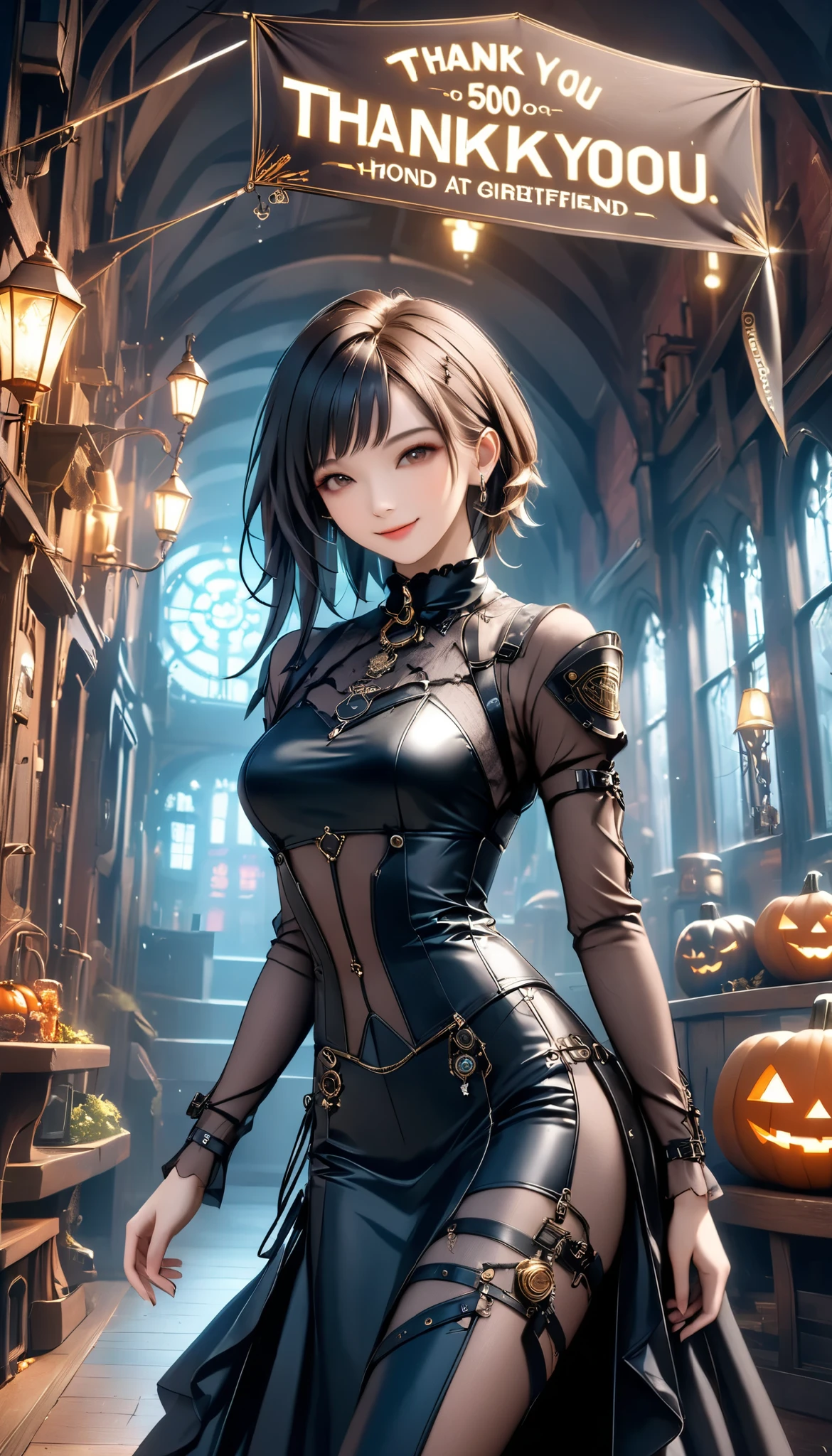 best quality , HD, 16k, unbelievably ridiculous , very detailed, 2.5D, delicate and dynamic , sexy girl, enchanting smile, , great style , Gothic Black Long Dress , English Style Steampunk,,, cyberpunk, Glitter Effect, A Day at a Haunted House with My Gothic Girlfriend , , (a banner which says "Thank you 500 followers"),