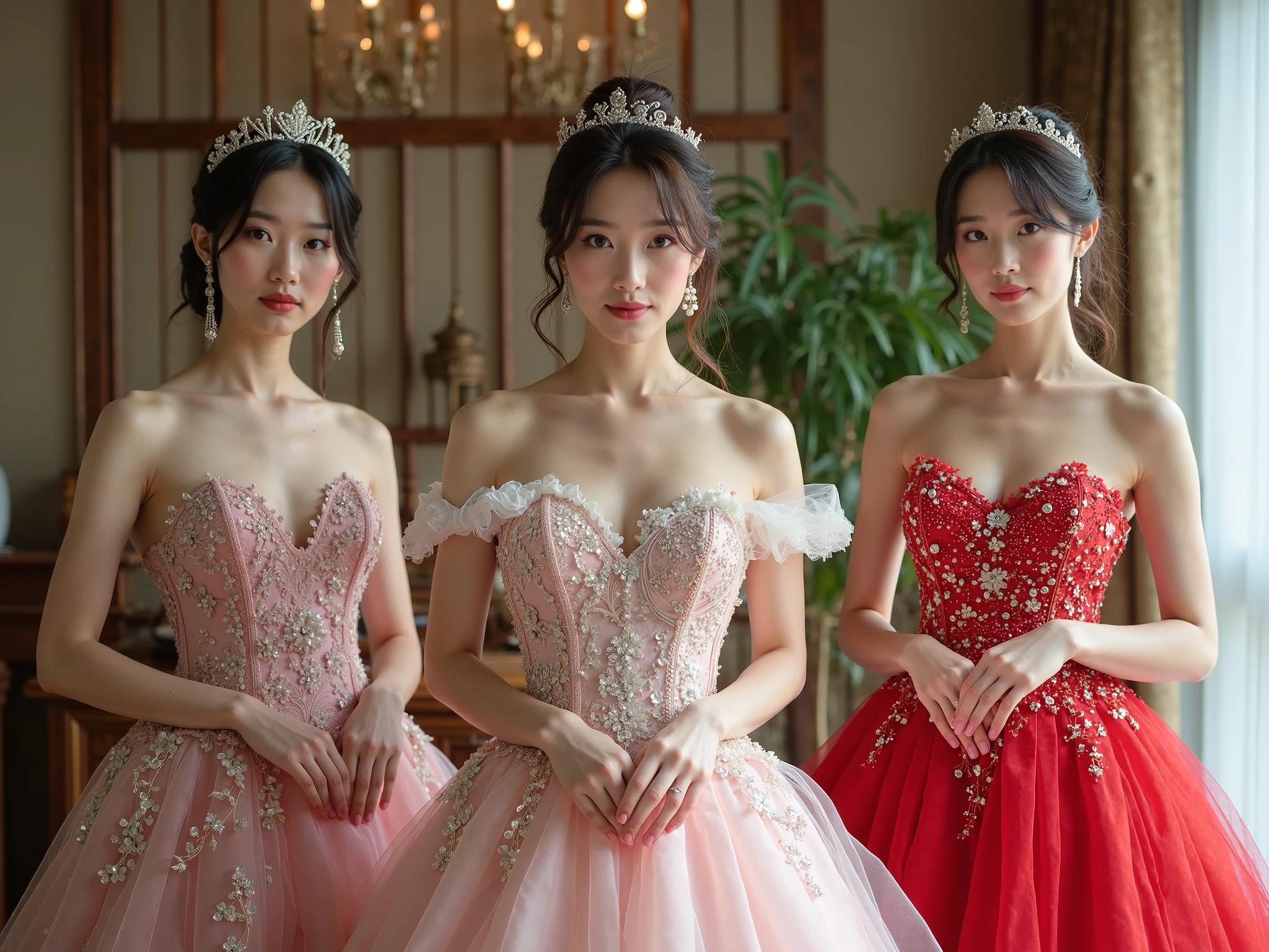 Three women in dresses are posing for a picture in a room - SeaArt AI
