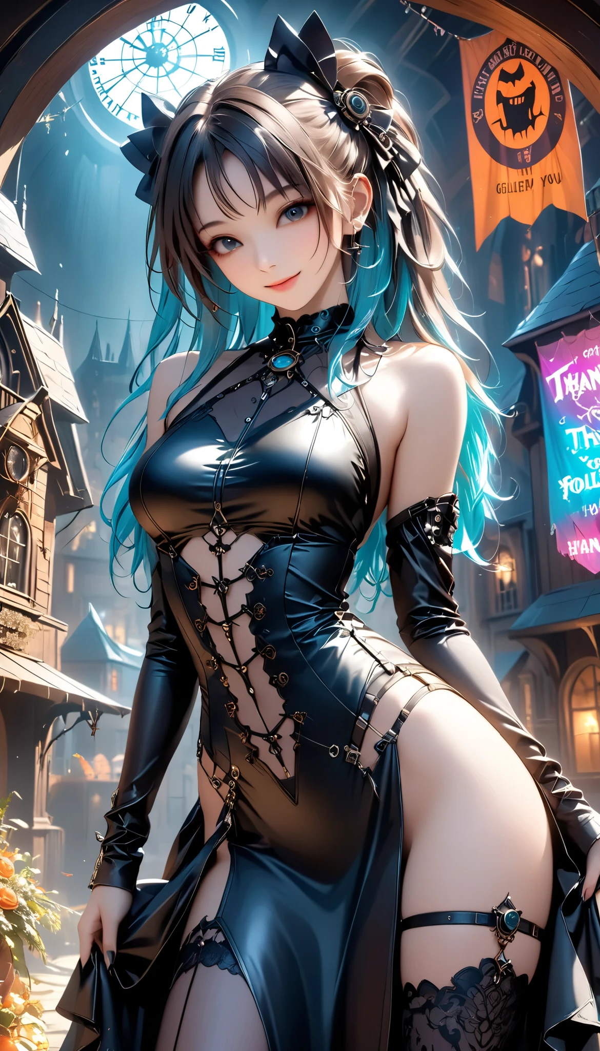 Girl, long dark iridescent hair, iridescent eyes, large thighs, small waist, small breast, modern wear, western cowboy outfit with hat