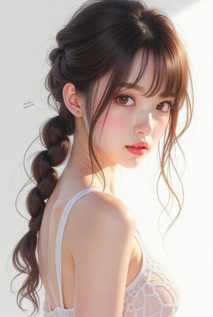 highest quality, realistic, 8K, High resolution, 1 girl, woman, (skin dents), (portrait:0.6), nice, ((white background, naked, small breasts:1.65)), (Long brown hair in twin tails, parted bangs:1.4), looking at the viewer, (1 girl eyes looking at the viewer:1.6), realistic, (Bokeh), (closed mouth, smile:1.3), nice, Pueros face_V1:1,