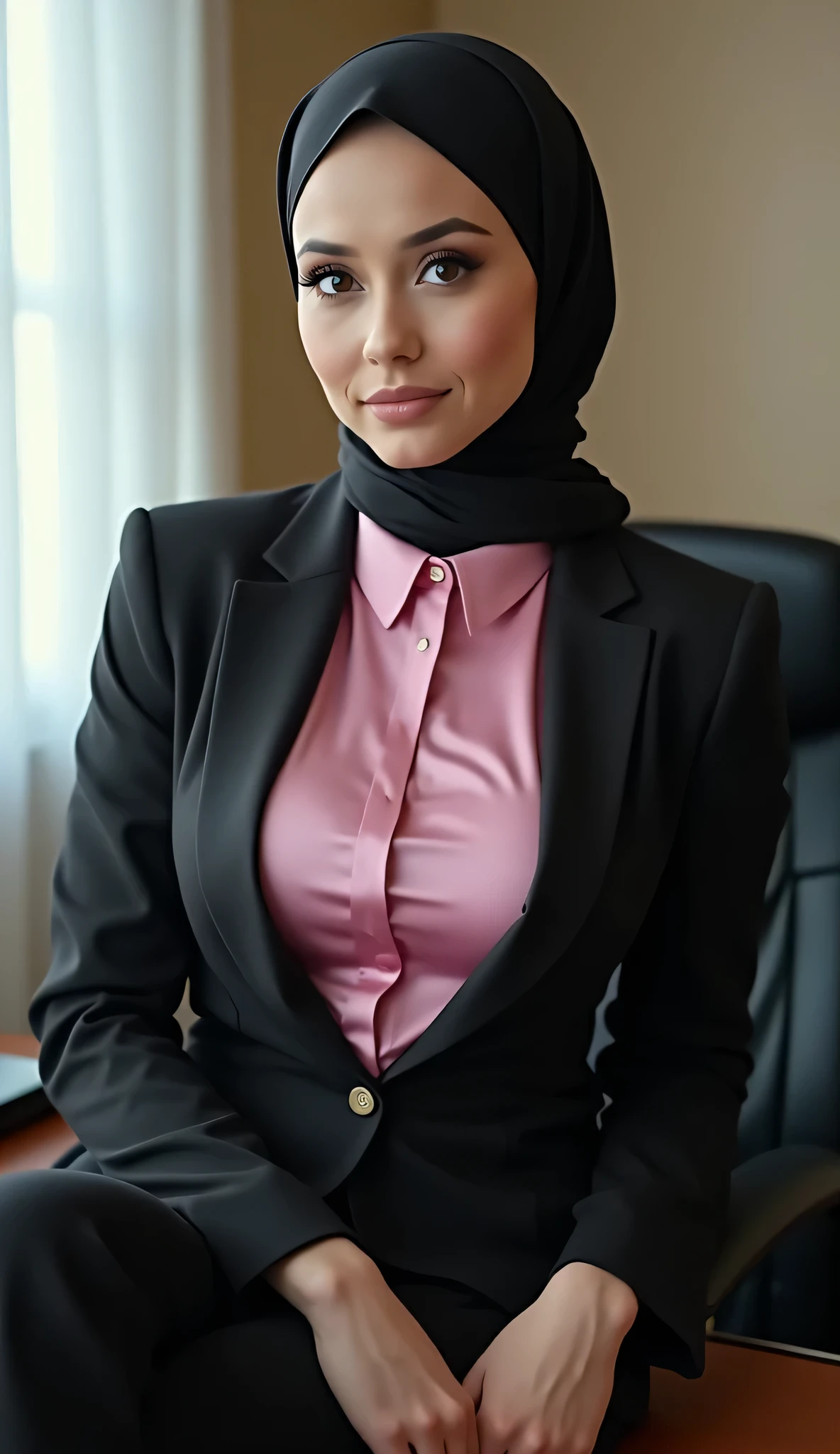 pale Caucasian, office, super short skirt, office attire, sultry, thighs, legs, sultry, vixen, hijab
