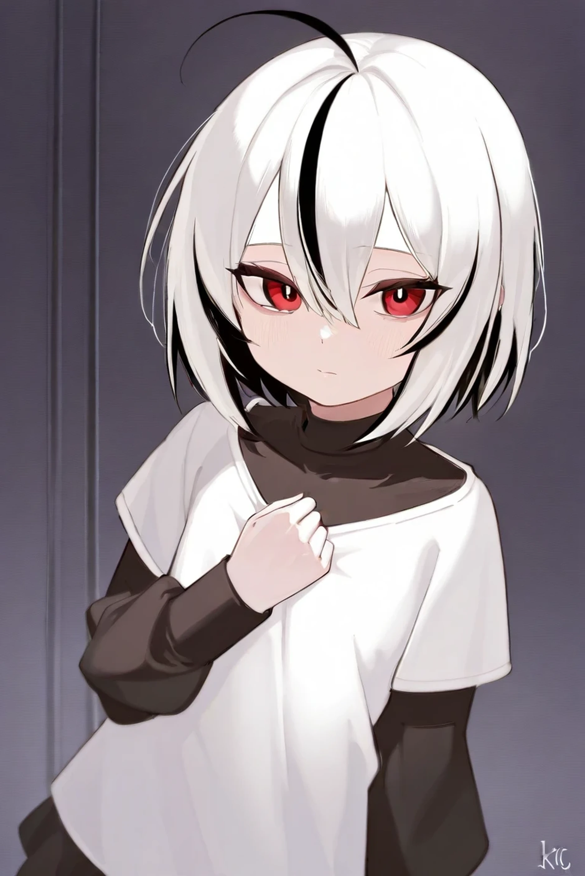 A girl with short white hair with black highlights and wide shiny red eyes. Her skin is very white. She wears a black long-sleeved shirt. She is , weighs 45 kg and is 160 tall. She has a small, unnoticeable chest