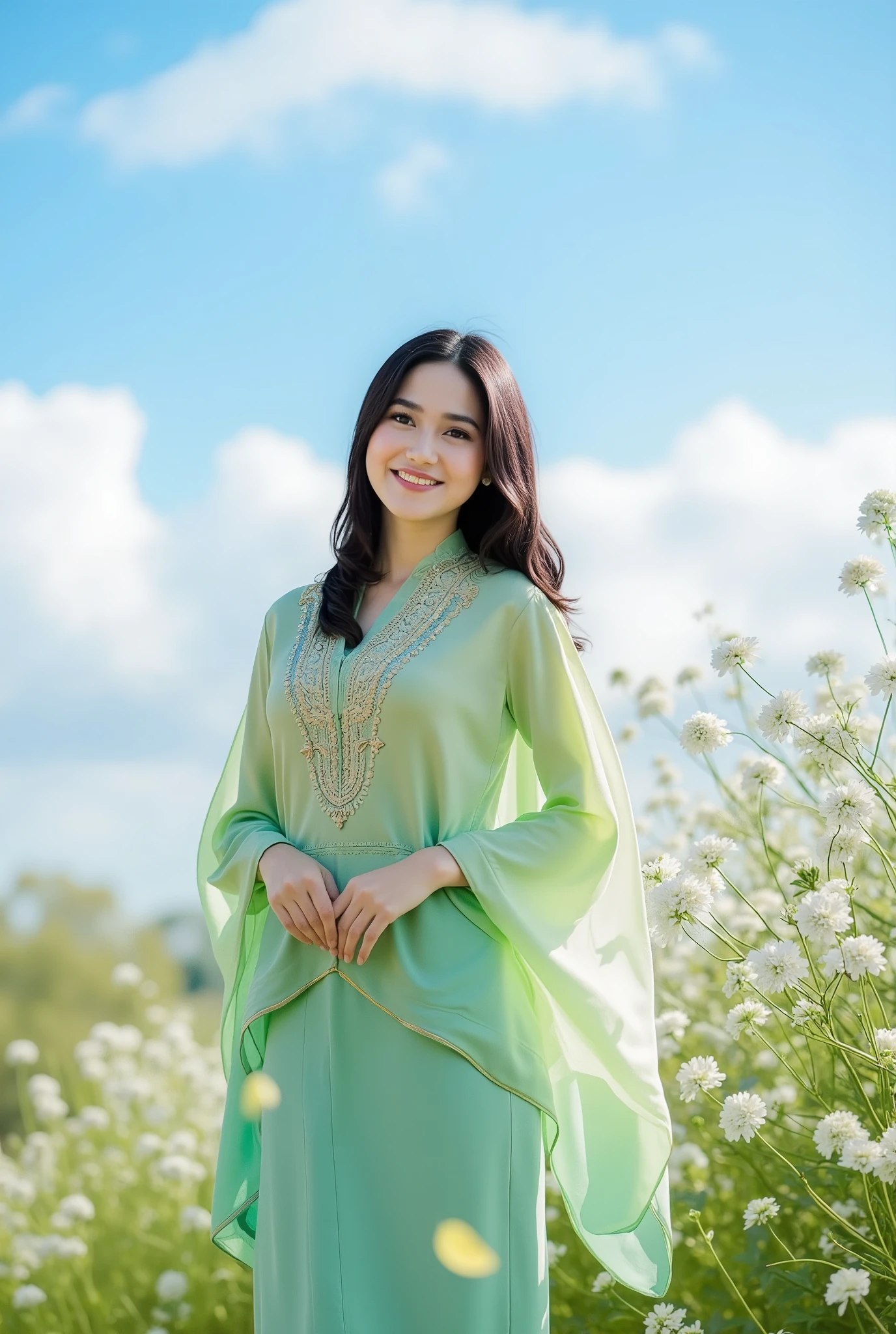 a beautiful woman wearing a traditional Thai outfit called ThaiSivalai,featuring a luxurious sabai (shawl)
of intricately woven silk with detailed embroidery, paired with a gradient green gracefu l long skirt.,
The outfit is green and gold,
She Smiling , look direct camera , Her long hair flutters in the wind.
in a garden of blue pastel flowers under soft sunlight with floral accents, her face relaxed and radiant, capturing the essencenatural elegance
surrounded by flower petals flutter around ,
The sky is blue with white clouds scattered across it. pastel flowers In the background,
The background is softly blurred,
creating a bokeh effect,
with sunlight gently illuminating the scene.
The overall mood of the image is elegant luxury peaceful and serene.
White flower petals fluttering in foreground , the foreground is blurry.
random shot.