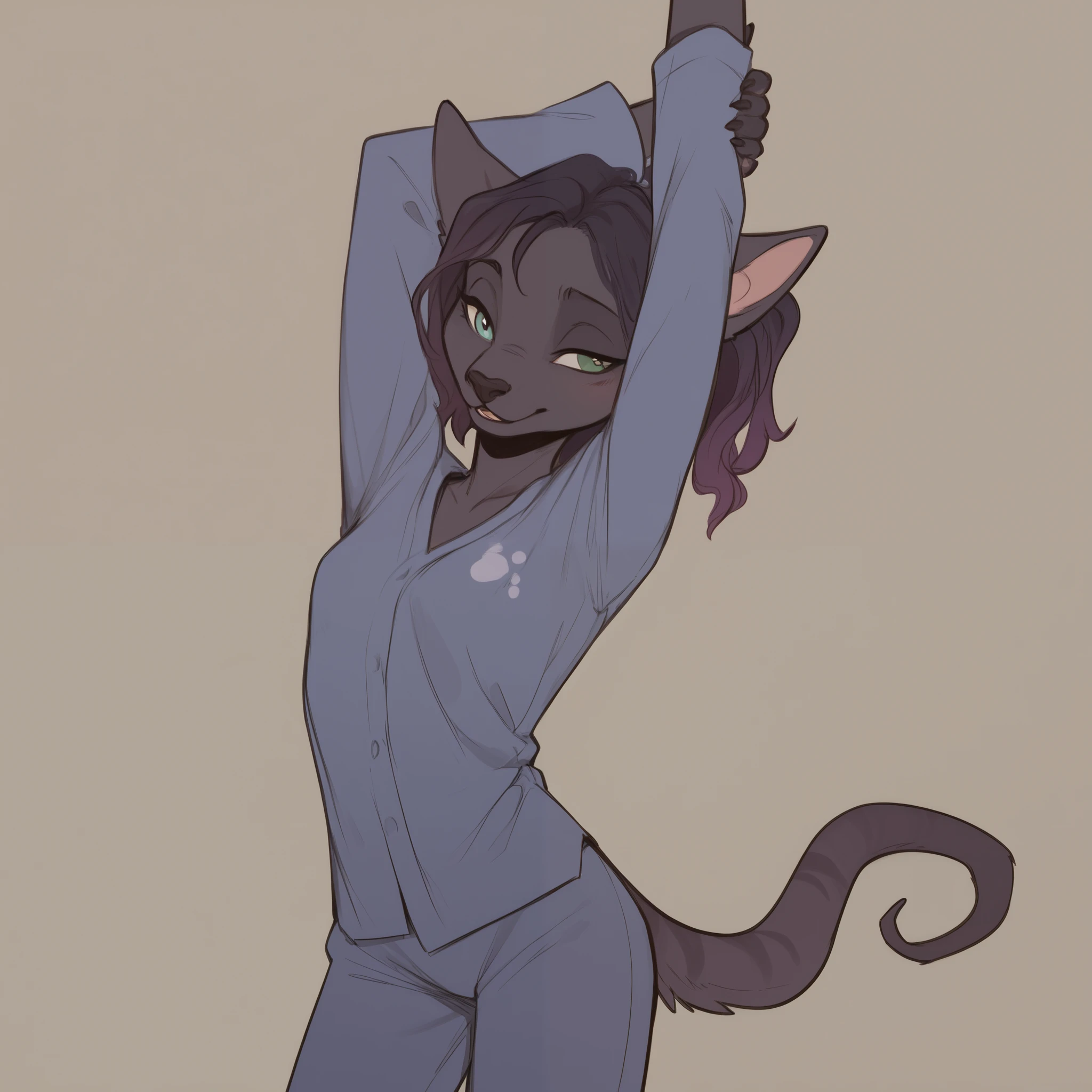 score_9, score_8_up, score_7_up, score_6_up, score_5_up, score_4_up, Anthropomorphic character (19 years), just woke up, stretching, wearing a purple and dark blue pajama, looking at the spectator with a lazy expression