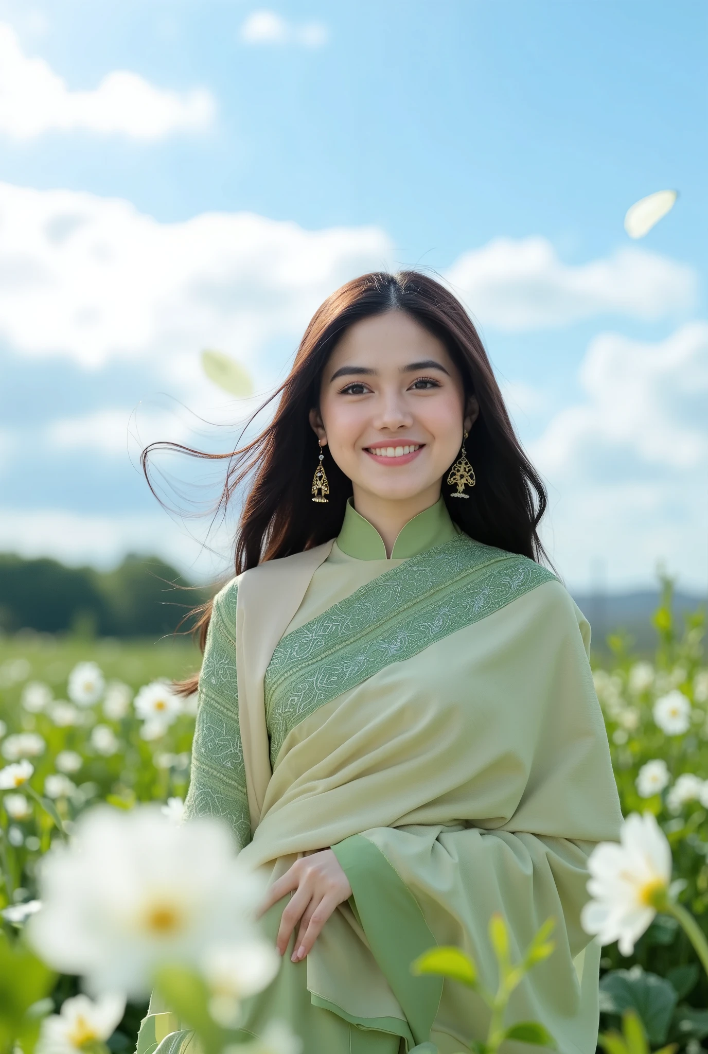 a beautiful woman wearing a traditional Thai outfit called ThaiSivalai,featuring a luxurious sabai (shawl)
of intricately woven silk with detailed embroidery, paired with a gradient green gracefu l long skirt.,
The outfit is green and gold,
She Smiling , look direct camera , Her long hair flutters in the wind.
in a garden of blue pastel flowers under soft sunlight with floral accents, her face relaxed and radiant, capturing the essencenatural elegance
surrounded by flower petals flutter around ,
The sky is blue with white clouds scattered across it. pastel flowers In the background,
The background is softly blurred,
creating a bokeh effect,
with sunlight gently illuminating the scene.
The overall mood of the image is elegant luxury peaceful and serene.
White flower petals fluttering in foreground , the foreground is blurry.
random shot.