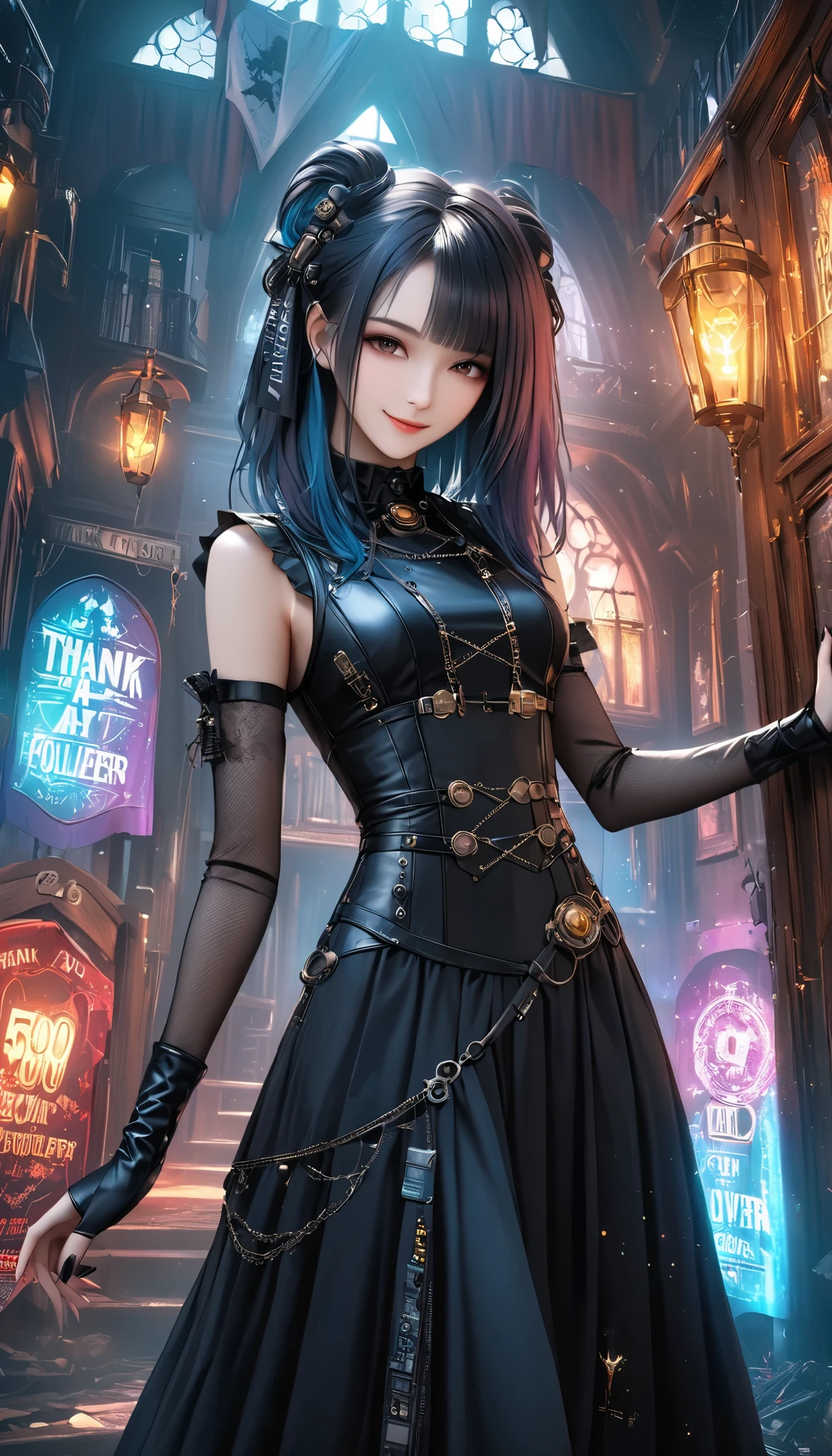 best quality , HD, 16k, unbelievably ridiculous , very detailed, 2.5D, delicate and dynamic , sexy girl, enchanting smile, , great style , Gothic Black Long Dress , English Style Steampunk,,, cyberpunk, Glitter Effect, A Day at a Haunted House with My Gothic Girlfriend , , (a big banner which says "Thank you 500 followers"),