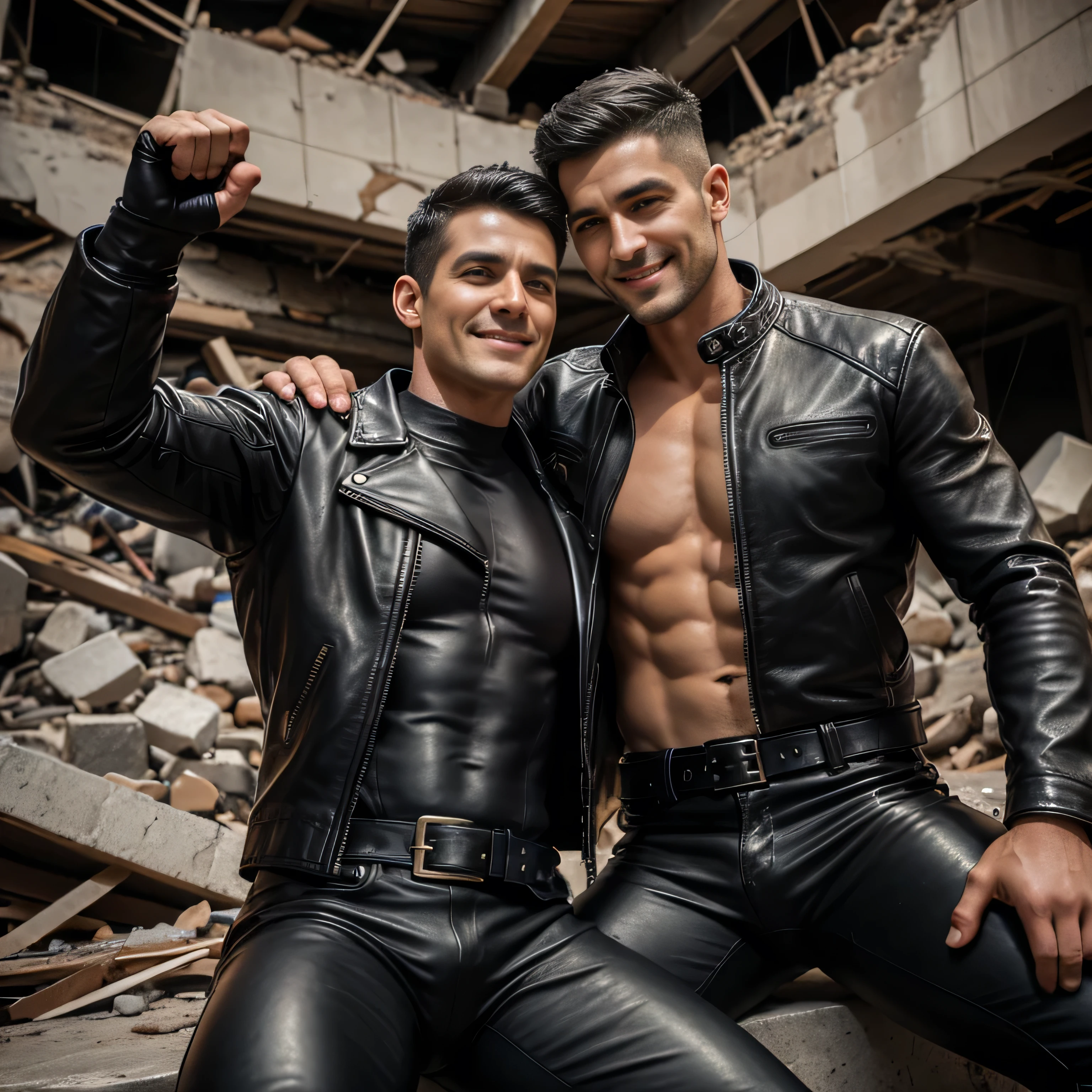 Three 35-year-old European men, like young male lovers, Blue eyes clear，Full chest muscles，swelling of chest muscles，Sexy and charming eyes，they are together, Everyone is wearing stylish black leather pants，all topless, they are posing for fashion editorial, photo shoot, Face, Pop music, fashion editorial, Our view of them is from shoulders to head, garden，Ink flower background