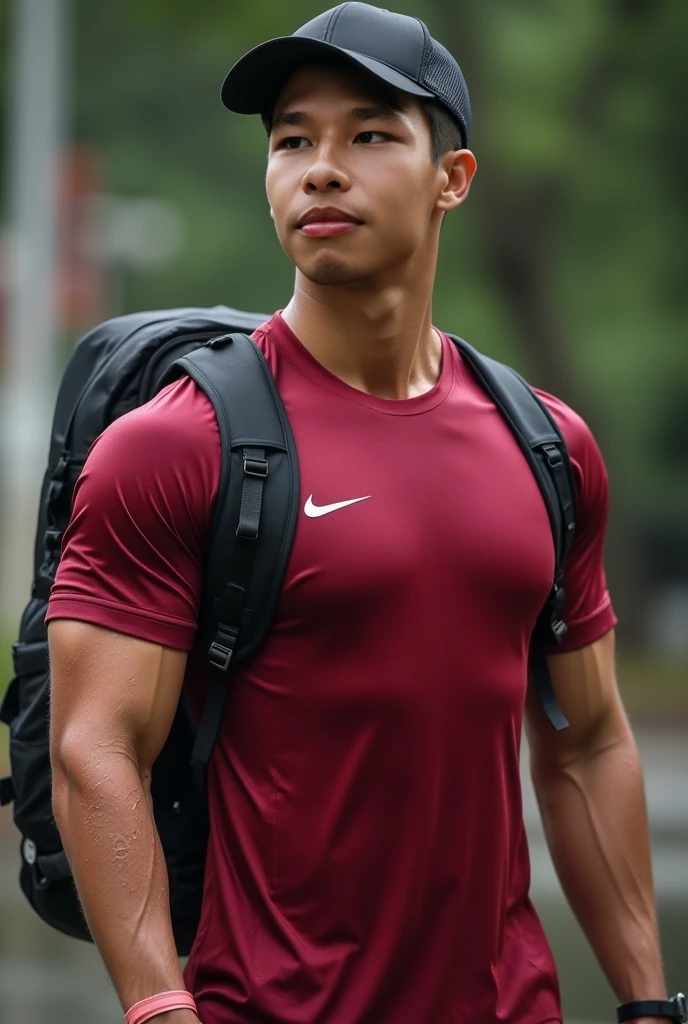 A handsome, muscular young Asian man looks at the camera. In a simple black and red t-shirt. , Fieldside, grass, beach, sunlight, Carrying a camera