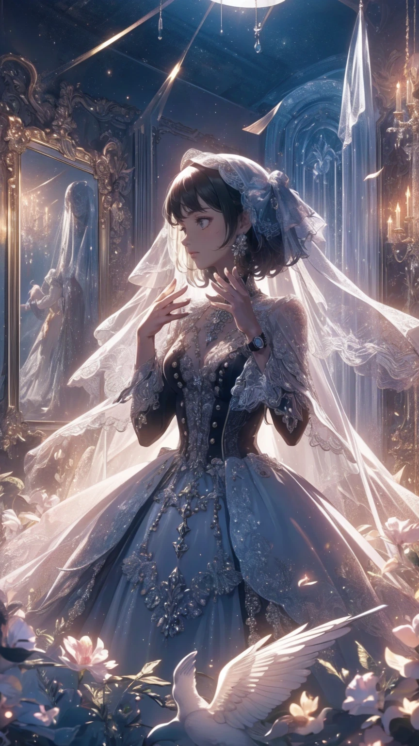 theme:A Day with My Gothic Girlfriend/A day with my goth girlfriend/ A Day With My Gothic Girlfriend、 Audience 、
、 score_9, score_8_ up, score_7_ up, score_6_ up, score_5_ up, score_4_ up、 anime style、In 8K、32K、Classic 、、 create an illustration of a fantastic space filled with countless finely crafted clocks.. Each watch exudes nostalgia and wonder , The overall look creates a charming and nostalgic atmosphere .. These watches float in a cosmic space ., A highly detailed CG Unity character wearing a , . stands at the center of this enchanting scene , a young girl, Her Presence、 adds innocence and curiosity to the space . The mystery of her big eyes 、 reflects the magical essence of this scene , The entire illustration is dreamy and fascinating ..