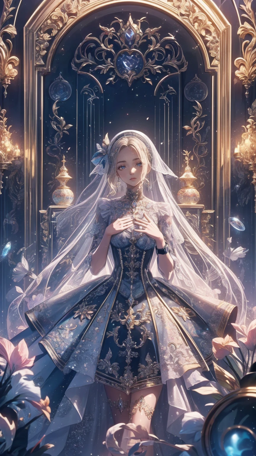 theme:A Day with My Gothic Girlfriend/A day with my goth girlfriend/ A Day With My Gothic Girlfriend、 Audience 、
、 score_9, score_8_ up, score_7_ up, score_6_ up, score_5_ up, score_4_ up、 anime style、In 8K、32K、Classic 、、 create an illustration of a fantastic space filled with countless finely crafted clocks.. Each watch exudes nostalgia and wonder , The overall look creates a charming and nostalgic atmosphere .. These watches float in a cosmic space ., A highly detailed CG Unity character wearing a , . stands at the center of this enchanting scene , a young girl, Her Presence、 adds innocence and curiosity to the space . The mystery of her big eyes 、 reflects the magical essence of this scene , The entire illustration is dreamy and fascinating ..