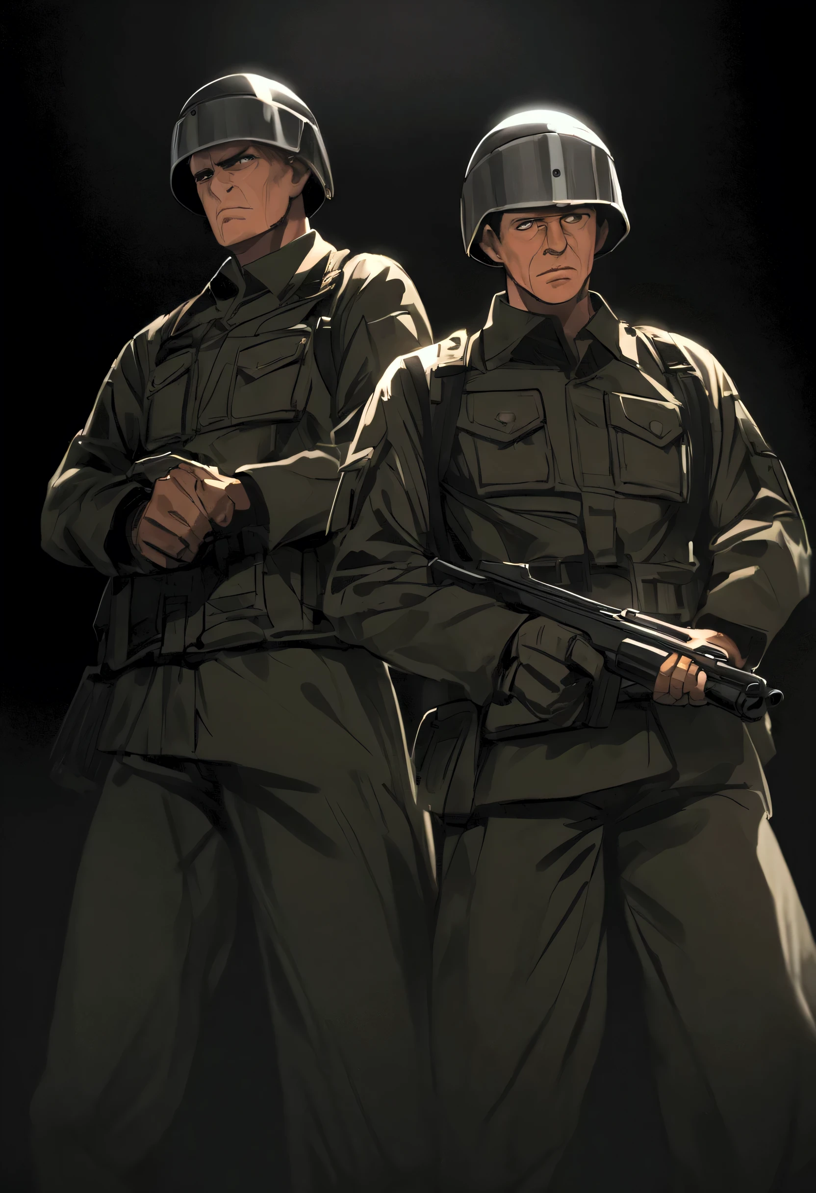 Military Setting, Soldier standing firm, utility uniform, roman style helmet, rugged face, male, adult, dynamic angle, looking around, detailed uniform, holding gun, dark background, dim lighting