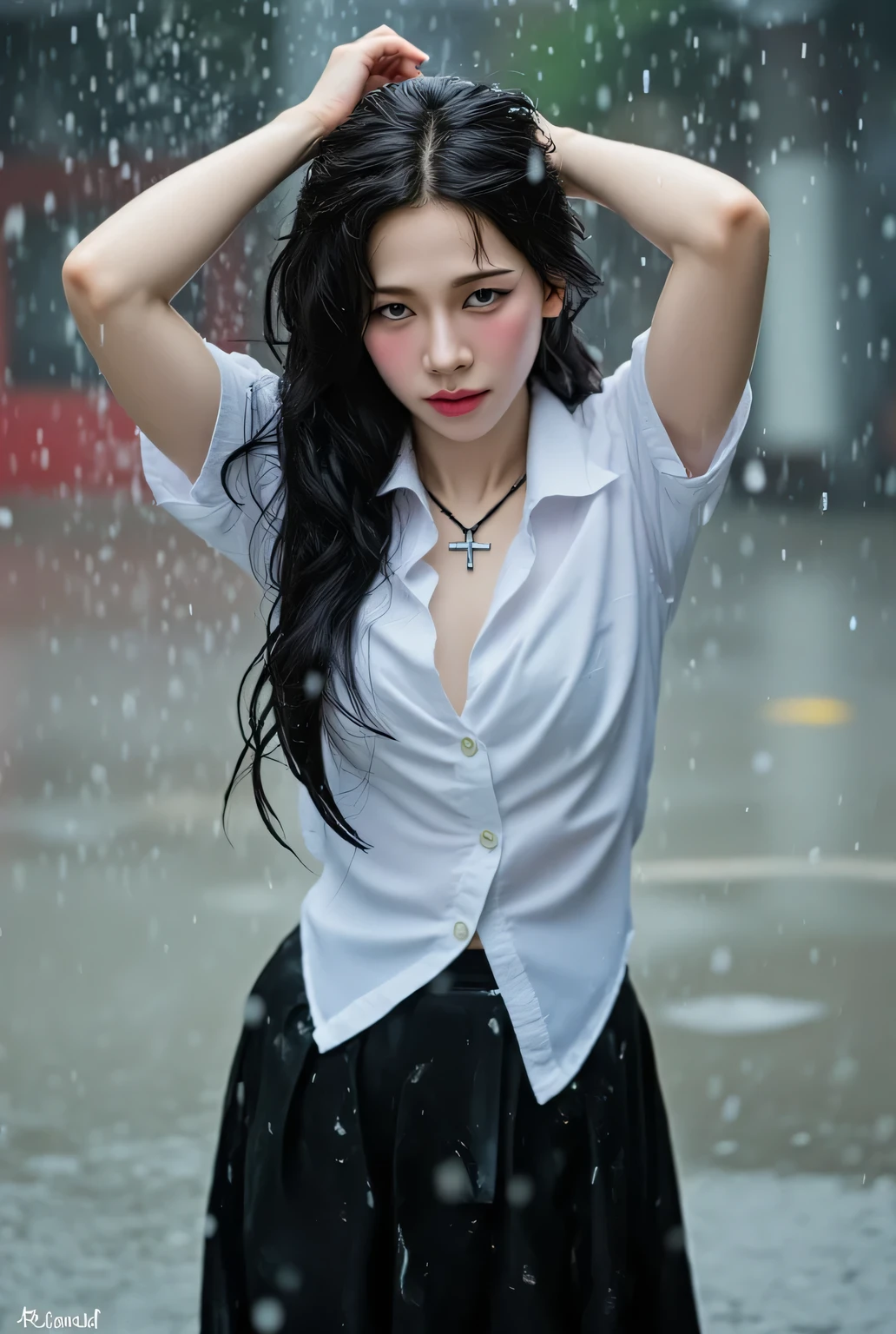 a woman, hands touching the floor, ass raised up posing doggystyle , in the middle of the rain, wet whole body , use a strict formal shirt of white color, wearing a long maxi skirt to the toe in black, using a cross necklace , seductive expression,