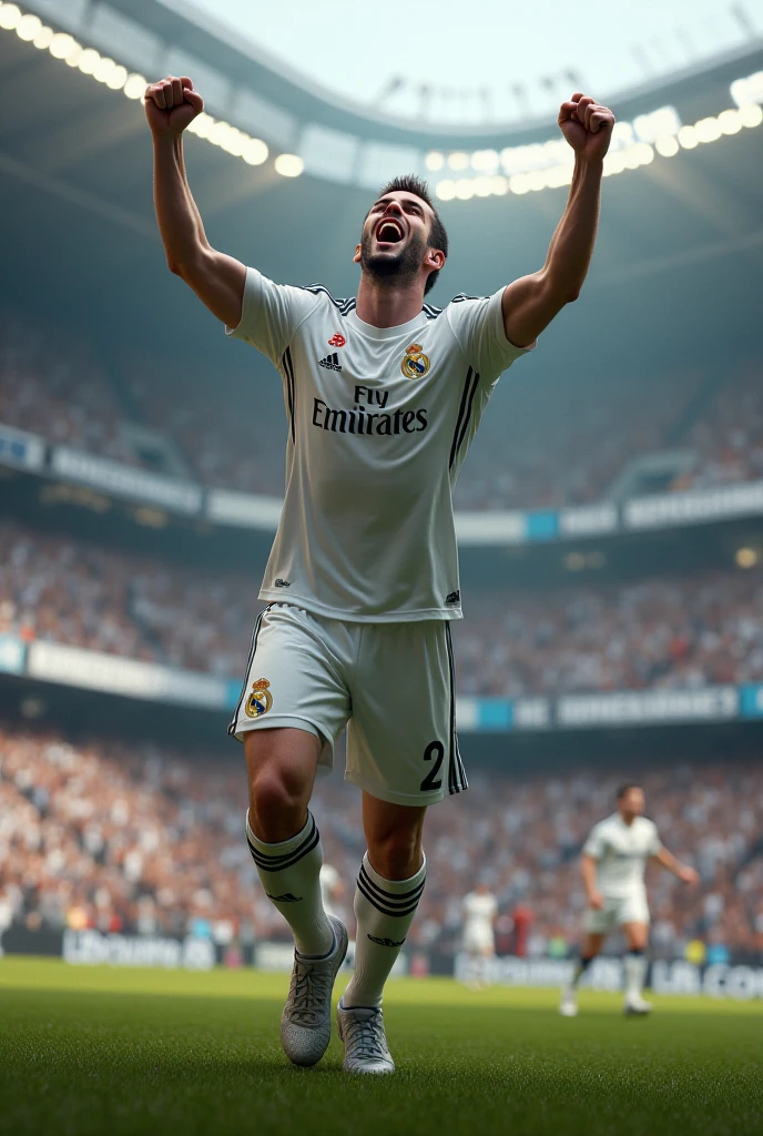 Real Madrid football player named Davi wearing jersey 6 celebrating the Champions League