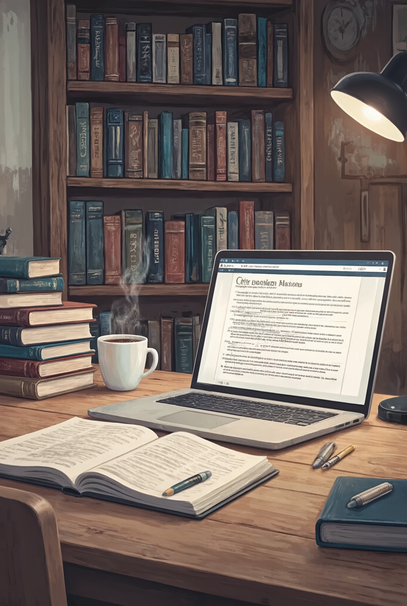 A detailed illustration of a work scenario from a professional translation and writing scenario . The cup presents an organized table with an open laptop displaying a document in translation , next to dictionaries and reference books stacked . There is a Steaming coffee in the corner of the table and a notebook with pens and pencils arranged. In the background, a bookcase filled with books in different languages , com warm lighting vinda de uma luminária de mesa. The atmosphere is quiet and welcoming , with neutral tones and wood details . Created with : Realistic style , high definition , focus on natural textures , warm lighting , balanced composition , contemporary inspiration , soft color palette , and attention to everyday details .