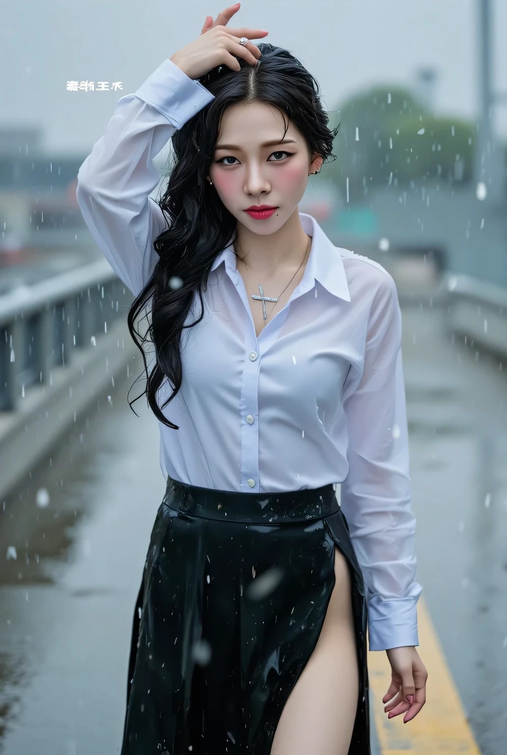 a female teacher ,  hands touching the floor,  ass raised up posing doggystyle , in the middle of the rain,  wet whole body ,  wearing a tight transparent formal shirt of white, do not use underwear,  wearing a long fishtail skirt to the toe of a black color,  using a cross necklace , seductive expression,