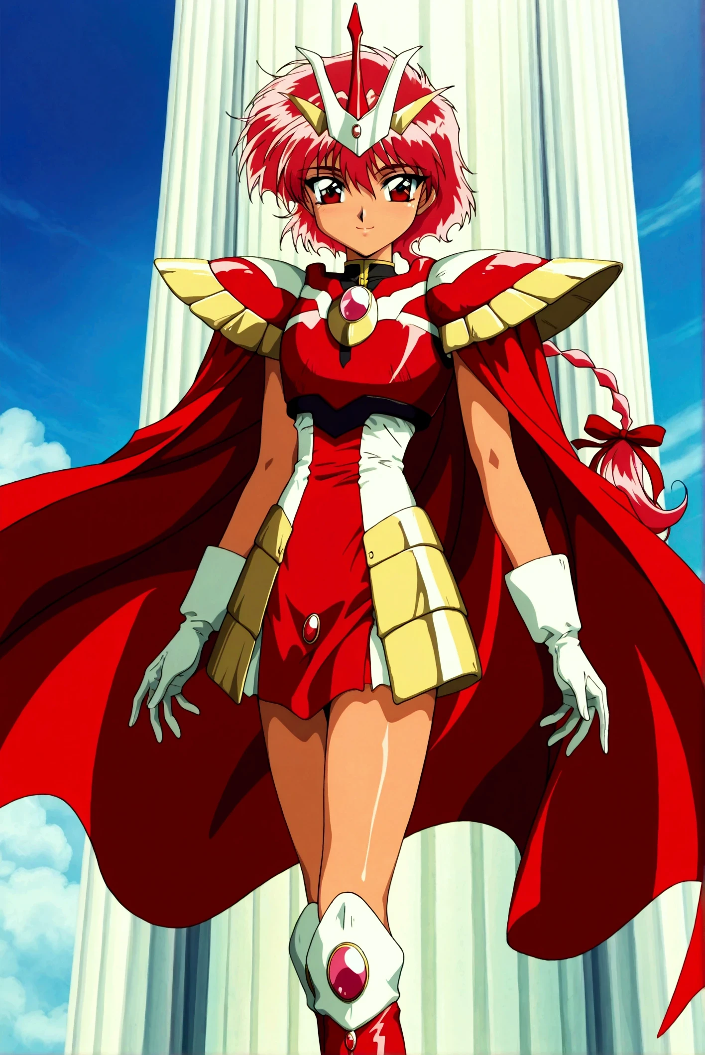 (masterpiece,highest quality,Super detailed,8k,High resolution,an extremely delicate and beautiful,Official Art,Perfect Anatomy:1.5),((1990s \(style\),90s anime,90s anime style,retro artstyle,Cel-shaded anime,anime screencap,anime coloring:1.25)),(solo:1.5),perfect face,beautiful,sexy,athletic body,shiny skin,(scale to fit the dimensions:1.2),
smile, AEHikaruFinal,red eyes,red hair,braided ponytail,hair between eyes,hair ribbon,long braid,long hair,single braid,armored dress,red armor,red cape,shoulder armor,white gloves,gem,gloves,kneeboots,
