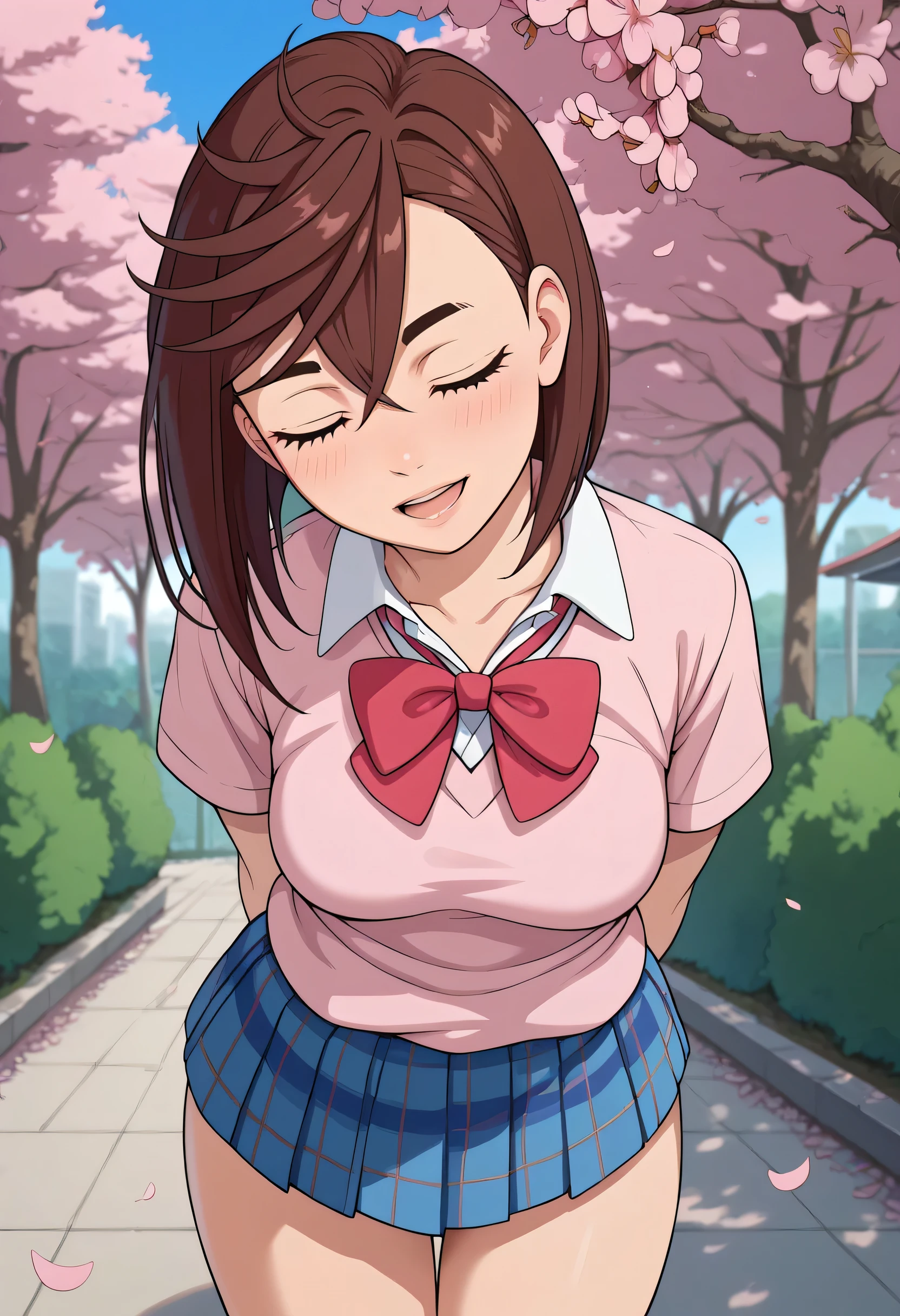 A girl in a garden, surrounded by cherry blossom trees, with a dreamy atmosphere and soft, warm lighting. She is wearing a blue collar and a blue pleated skirt. The scene is captured in an impressionistic style, with a pastel color palette that adds to the ethereal ambiance. The artwork is of high resolution (4K) and showcases fine details to bring out the intricacies of the garden and the girl's appearance.