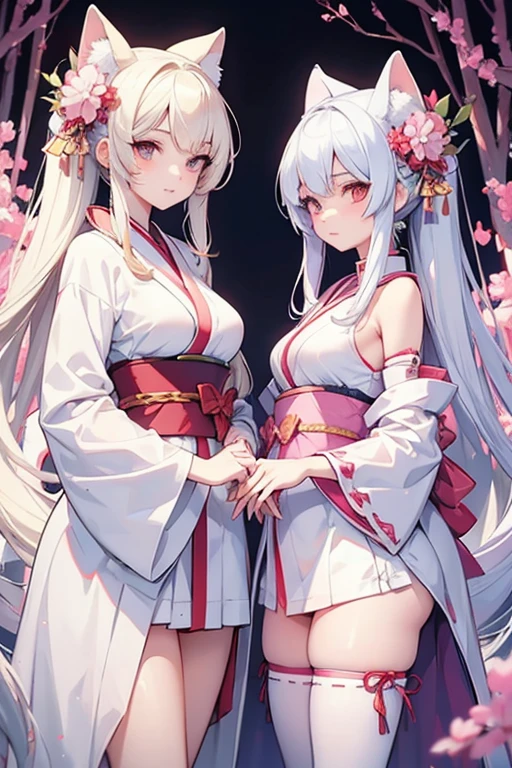 1 Women, 28 years old, long silver hair, red eyes with slit pupils, Floral kimono, off shoulders, a miniskirt, red blush, flower field, sexy, perfect body, Make eye contact with the camera, (light_Smile:1.5),