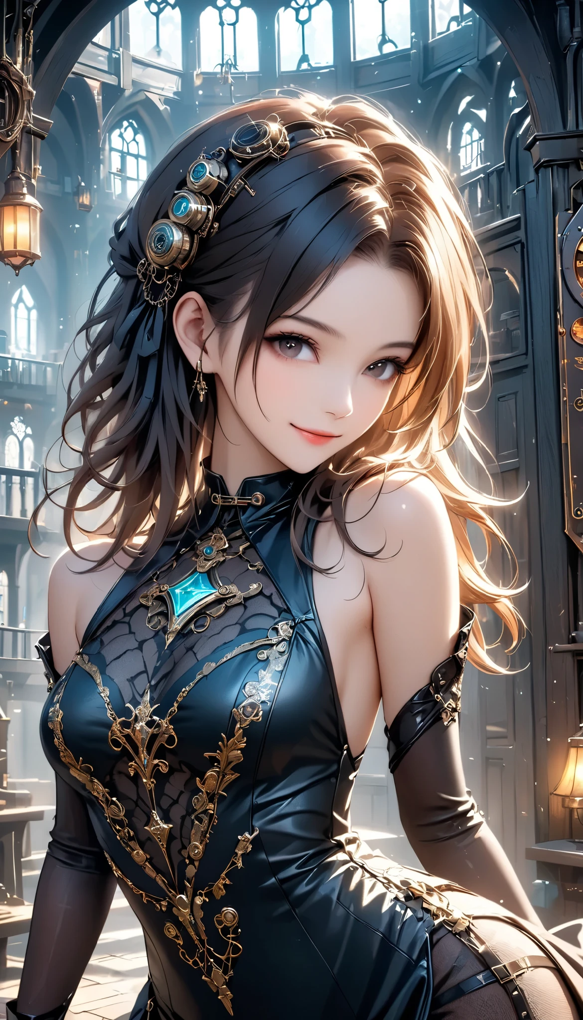 best quality , HD, 16k, Incredibly Dumb , very detailed, 2.5D, delicate and dynamic ,((a big banner which says "Thank you 500 followers")), a solo sexy girl, enchanting smile, , great style , Gothic Black Long Dress , English Style Steampunk,,, cyberpunk, Glitter Effect, A Day at a Haunted House with My Gothic Girlfriend , , ,